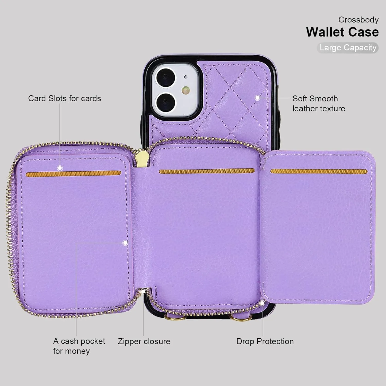 Bocasal Crossbody Wallet Case for iPhone 11, RFID Blocking PU Leather Zipper Handbag Purse Flip Cover, Kickstand Folio Case with Card Slots Holder Wrist Strap Lanyard 6.1 Inch (Purple)