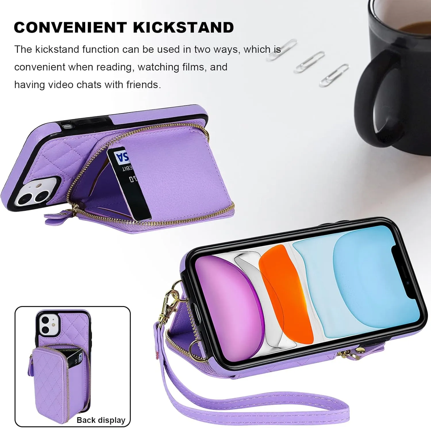 Bocasal Crossbody Wallet Case for iPhone 11, RFID Blocking PU Leather Zipper Handbag Purse Flip Cover, Kickstand Folio Case with Card Slots Holder Wrist Strap Lanyard 6.1 Inch (Purple)