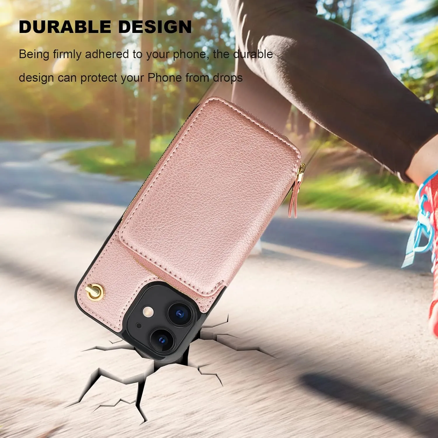 Bocasal Crossbody Wallet Case for iPhone 12/12 Pro, RFID Blocking Leather Purse Case with Card Holder, Protective Handbag Flip Cover with Zipper Wrist Strap Lanyard for Women 5G 6.1 Inch (Rose Gold)