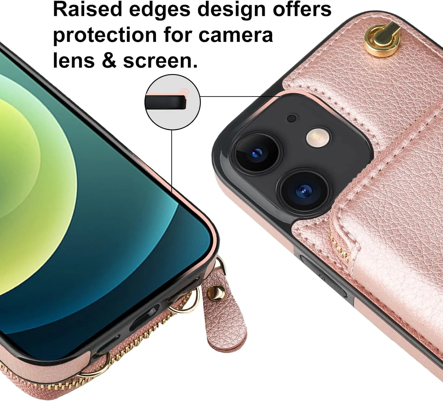 Bocasal Crossbody Wallet Case for iPhone 12/12 Pro, RFID Blocking Leather Purse Case with Card Holder, Protective Handbag Flip Cover with Zipper Wrist Strap Lanyard for Women 5G 6.1 Inch (Rose Gold)