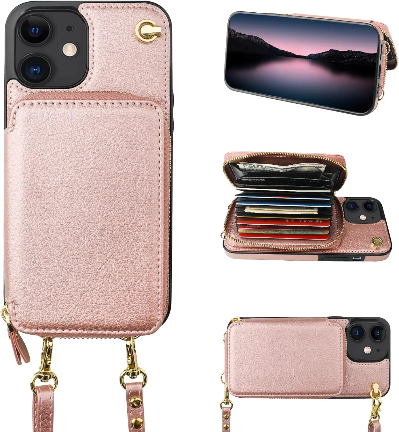 Bocasal Crossbody Wallet Case for iPhone 12/12 Pro, RFID Blocking Leather Purse Case with Card Holder, Protective Handbag Flip Cover with Zipper Wrist Strap Lanyard for Women 5G 6.1 Inch (Rose Gold)