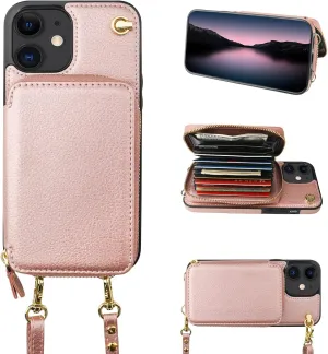 Bocasal Crossbody Wallet Case for iPhone 12/12 Pro, RFID Blocking Leather Purse Case with Card Holder, Protective Handbag Flip Cover with Zipper Wrist Strap Lanyard for Women 5G 6.1 Inch (Rose Gold)