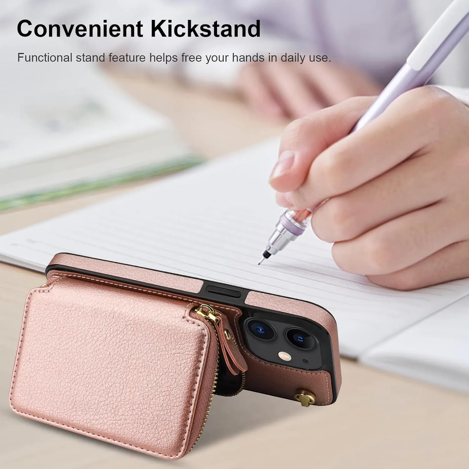 Bocasal Crossbody Wallet Case for iPhone 12/12 Pro, RFID Blocking Leather Purse Case with Card Holder, Protective Handbag Flip Cover with Zipper Wrist Strap Lanyard for Women 5G 6.1 Inch (Rose Gold)