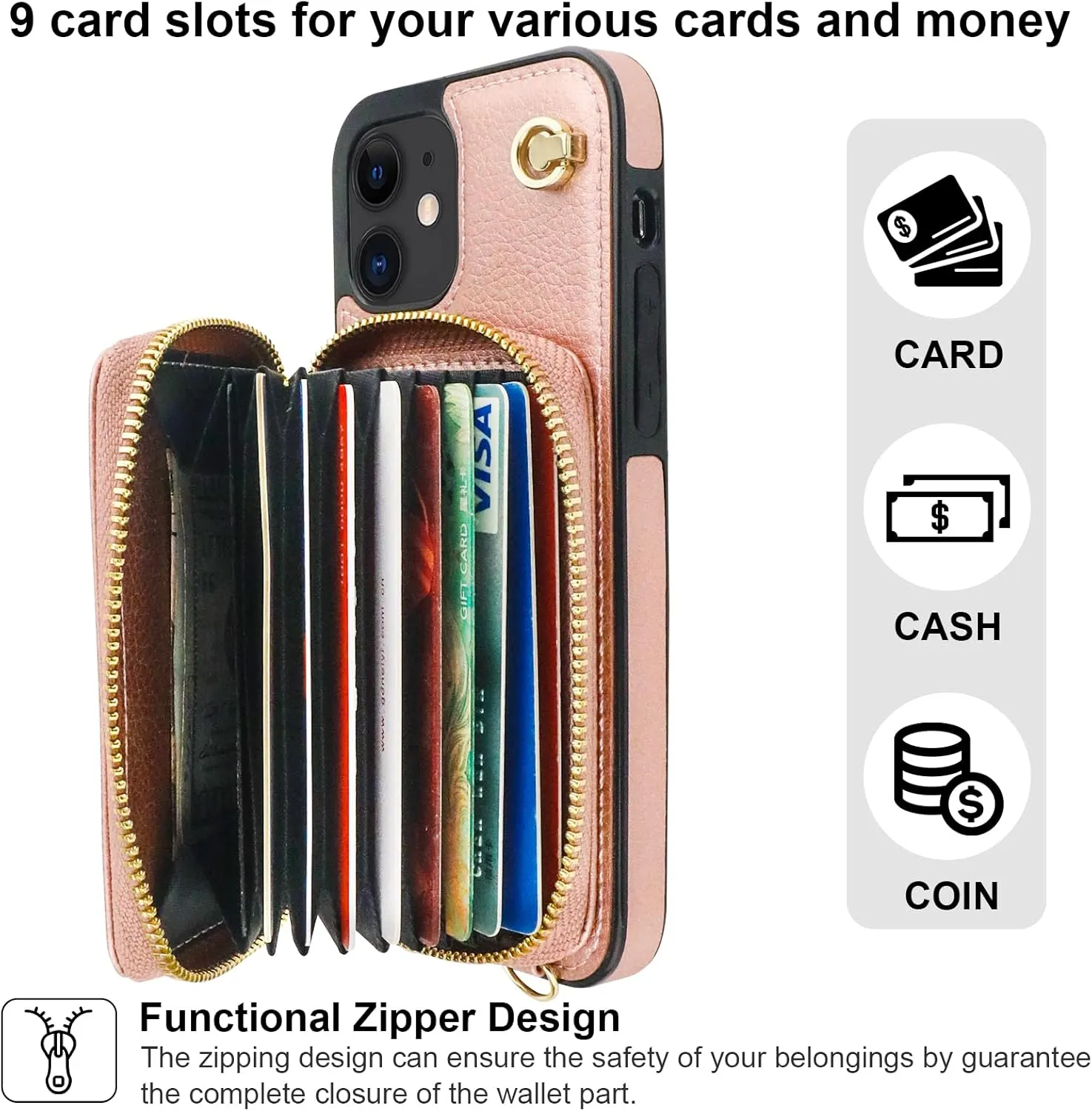 Bocasal Crossbody Wallet Case for iPhone 12/12 Pro, RFID Blocking Leather Purse Case with Card Holder, Protective Handbag Flip Cover with Zipper Wrist Strap Lanyard for Women 5G 6.1 Inch (Rose Gold)