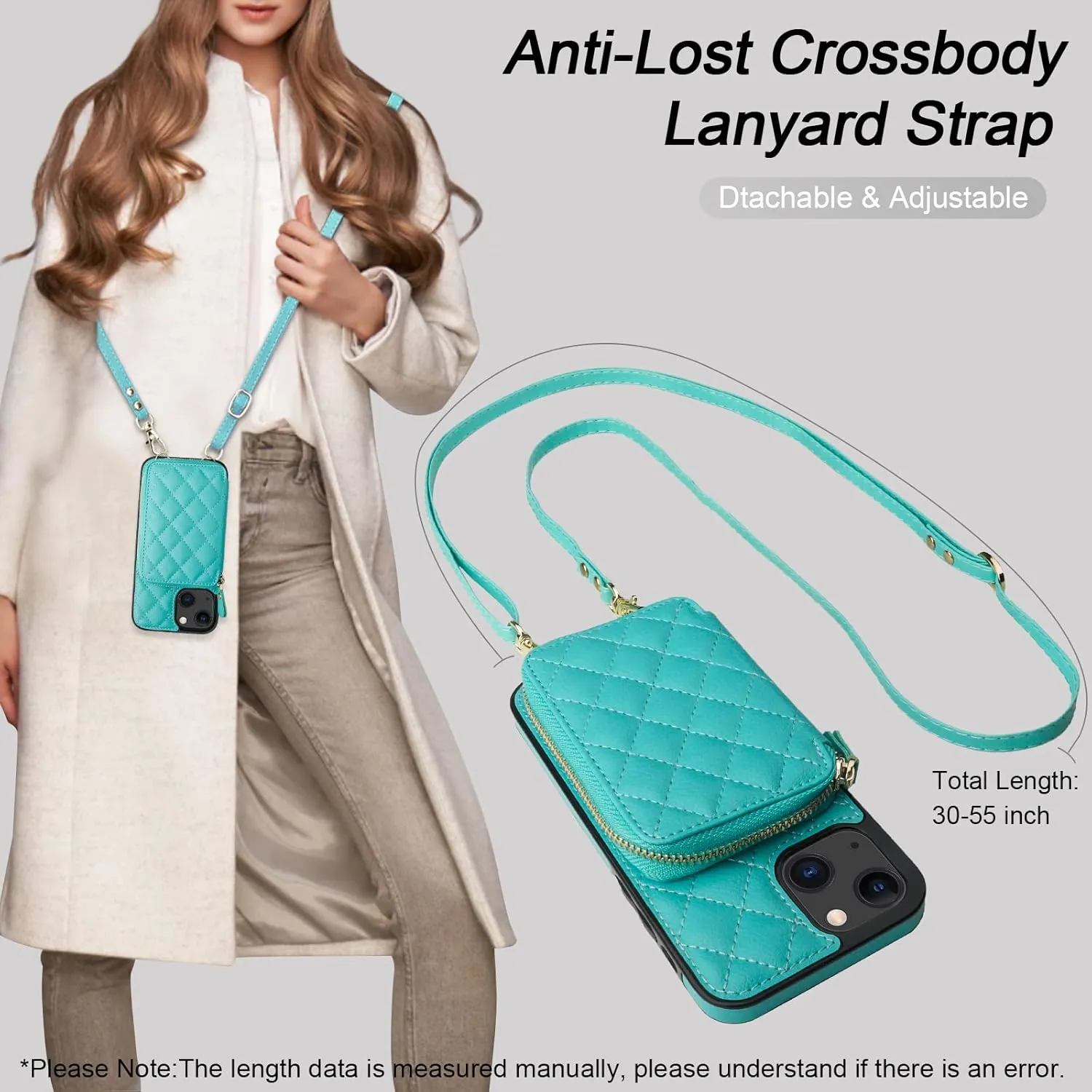 Bocasal Crossbody Wallet Case for iPhone 13, RFID Blocking PU Leather Zipper Handbag Purse Flip Cover, Kickstand Folio Case with Card Slots Holder Wrist Strap Lanyard 5G 6.1 Inch (Mint Green)