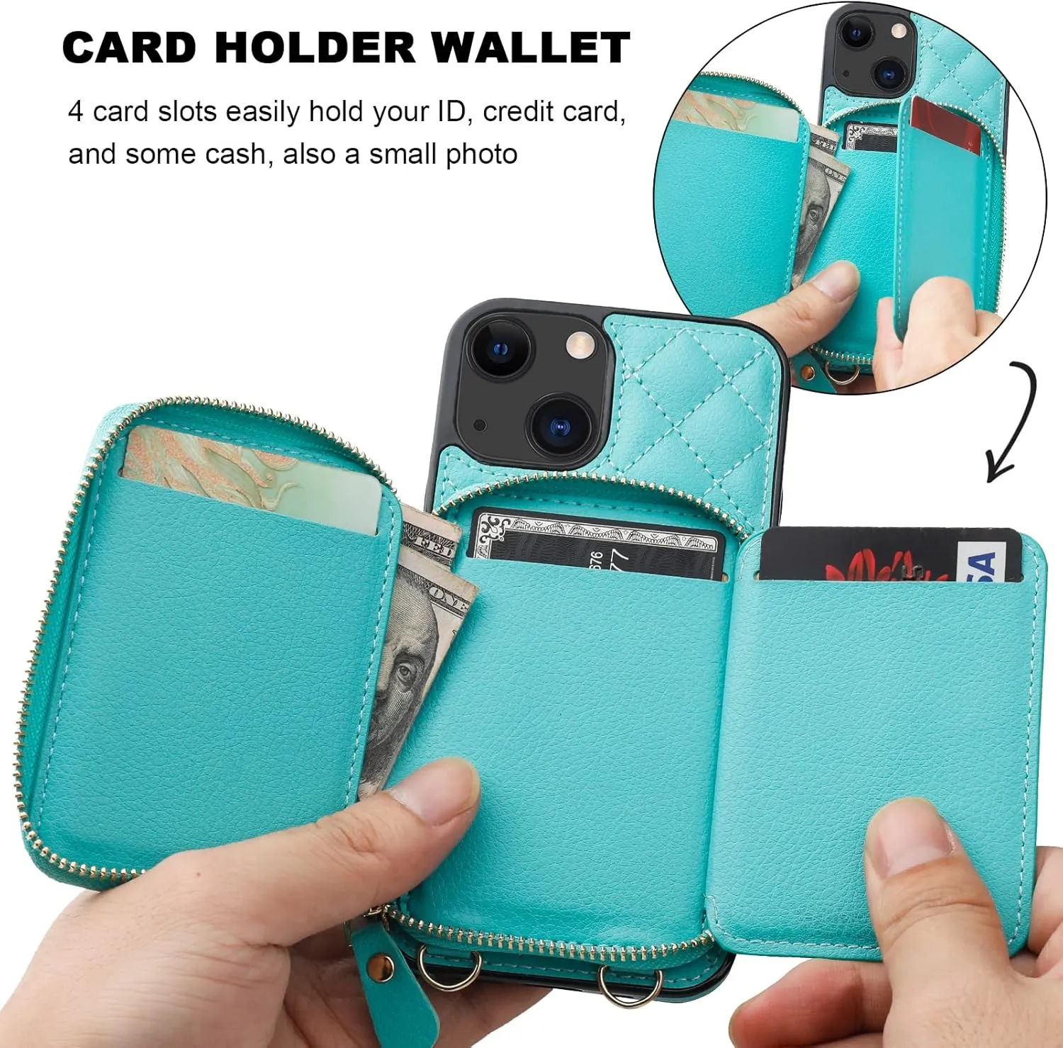 Bocasal Crossbody Wallet Case for iPhone 13, RFID Blocking PU Leather Zipper Handbag Purse Flip Cover, Kickstand Folio Case with Card Slots Holder Wrist Strap Lanyard 5G 6.1 Inch (Mint Green)