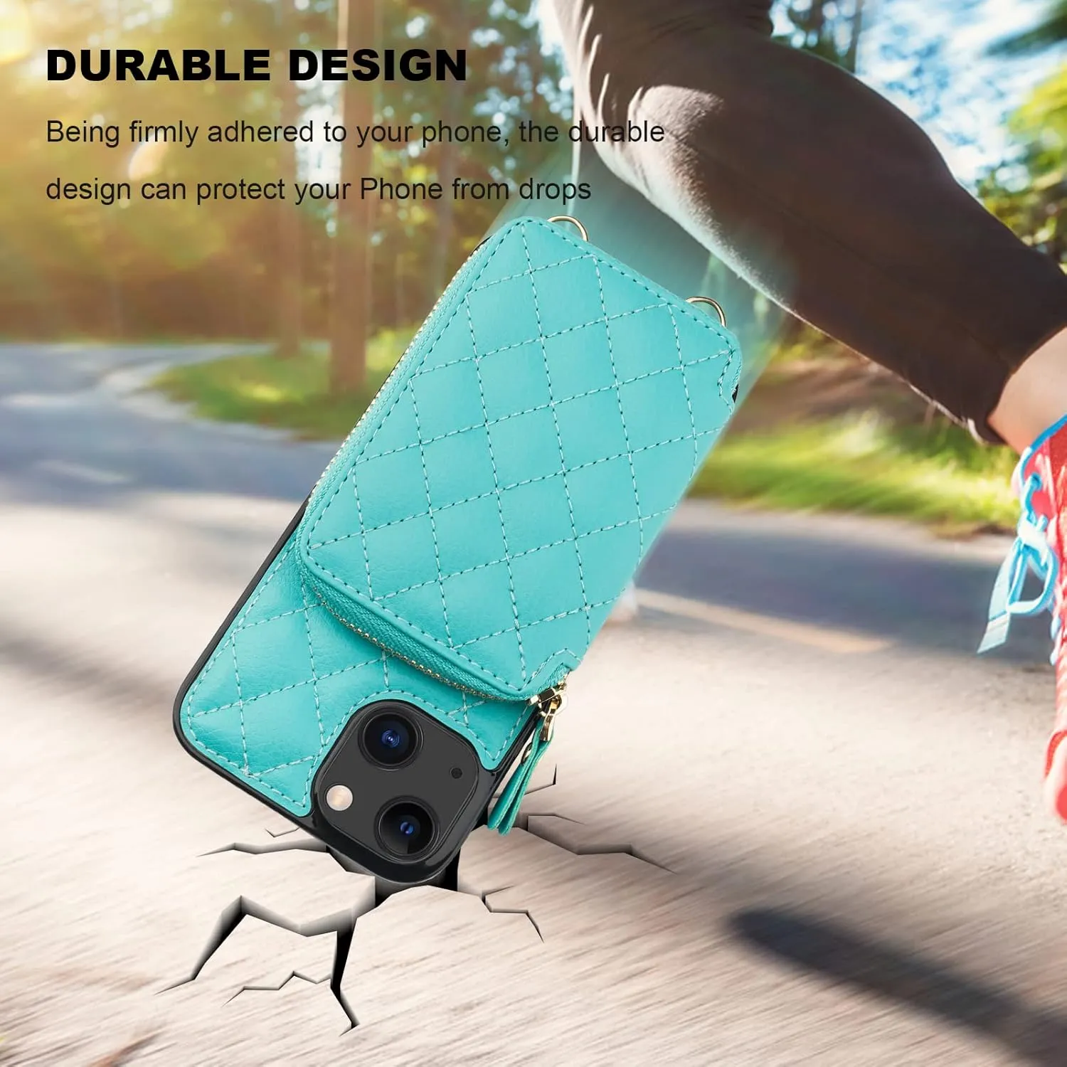 Bocasal Crossbody Wallet Case for iPhone 13, RFID Blocking PU Leather Zipper Handbag Purse Flip Cover, Kickstand Folio Case with Card Slots Holder Wrist Strap Lanyard 5G 6.1 Inch (Mint Green)