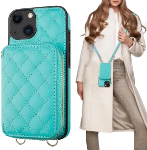 Bocasal Crossbody Wallet Case for iPhone 13, RFID Blocking PU Leather Zipper Handbag Purse Flip Cover, Kickstand Folio Case with Card Slots Holder Wrist Strap Lanyard 5G 6.1 Inch (Mint Green)