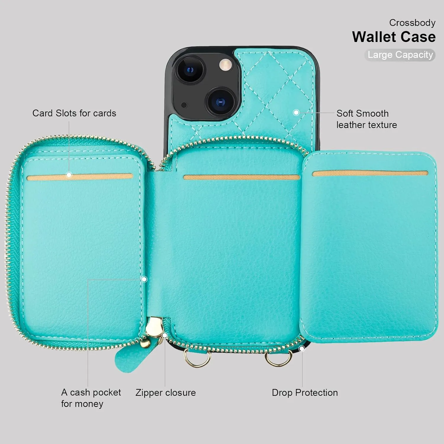 Bocasal Crossbody Wallet Case for iPhone 13, RFID Blocking PU Leather Zipper Handbag Purse Flip Cover, Kickstand Folio Case with Card Slots Holder Wrist Strap Lanyard 5G 6.1 Inch (Mint Green)