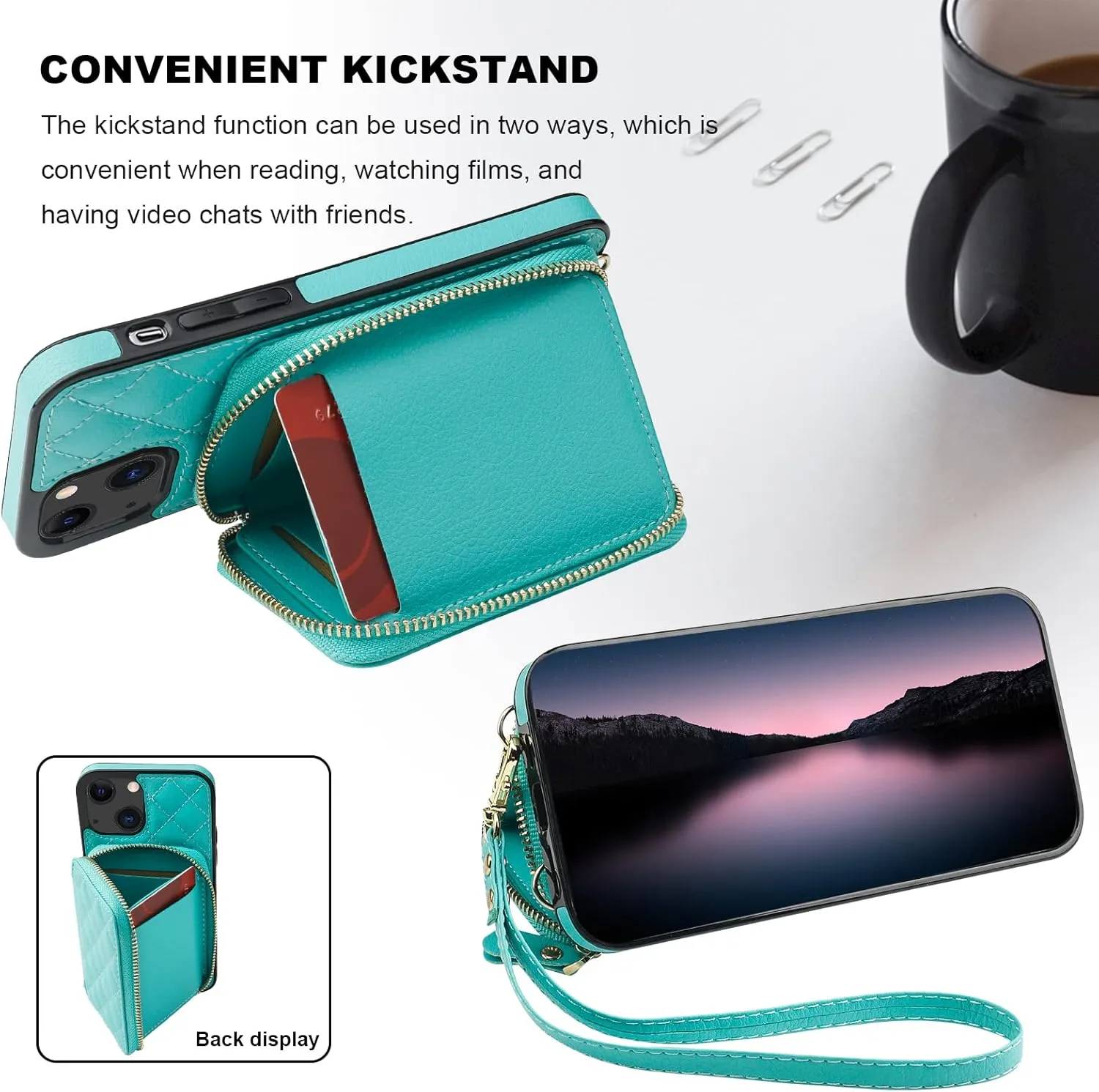 Bocasal Crossbody Wallet Case for iPhone 13, RFID Blocking PU Leather Zipper Handbag Purse Flip Cover, Kickstand Folio Case with Card Slots Holder Wrist Strap Lanyard 5G 6.1 Inch (Mint Green)