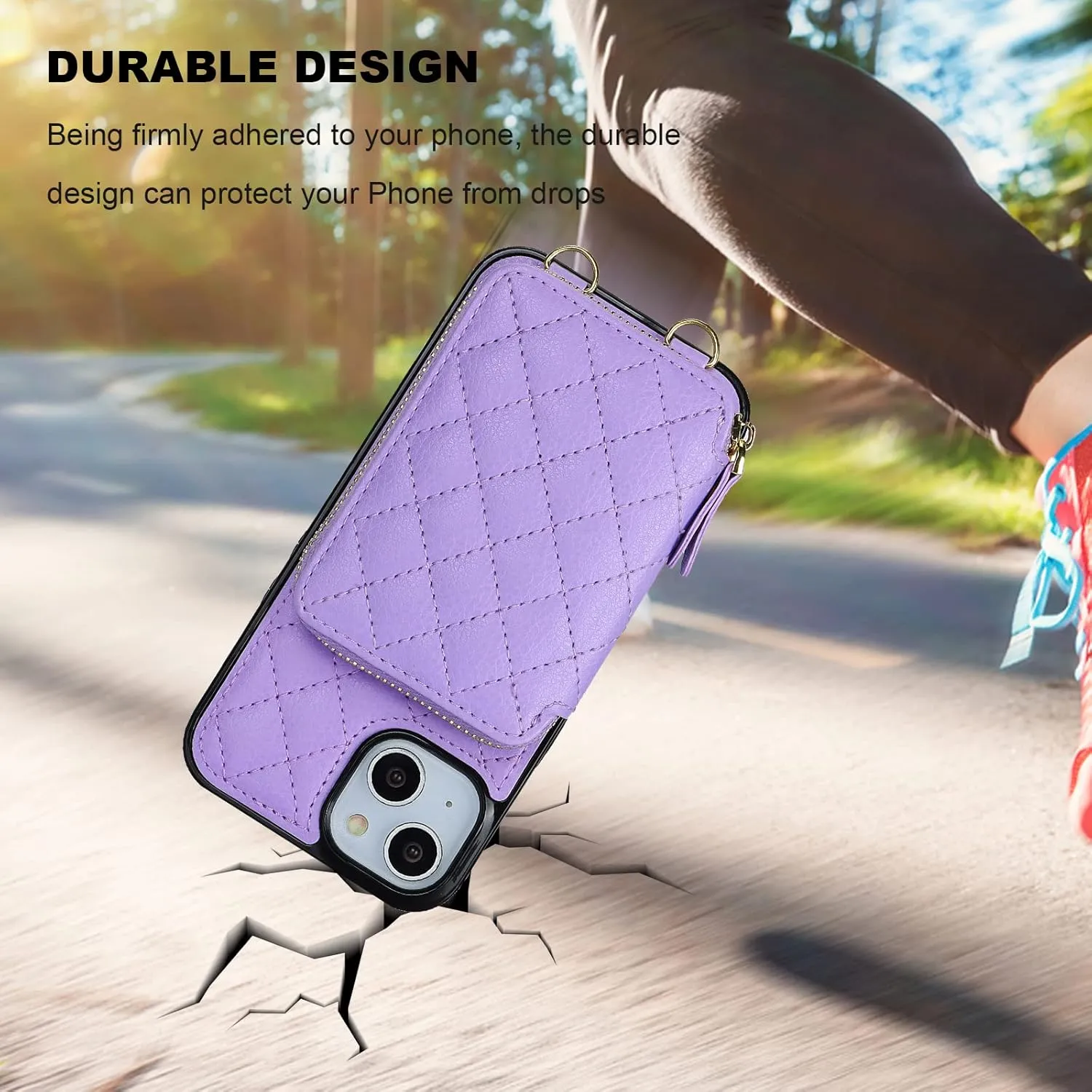 Bocasal Crossbody Wallet Case for iPhone 13, RFID Blocking PU Leather Zipper Handbag Purse Flip Cover, Kickstand Folio Case with Card Slots Holder Wrist Strap Lanyard 5G 6.1 Inch (Purple)