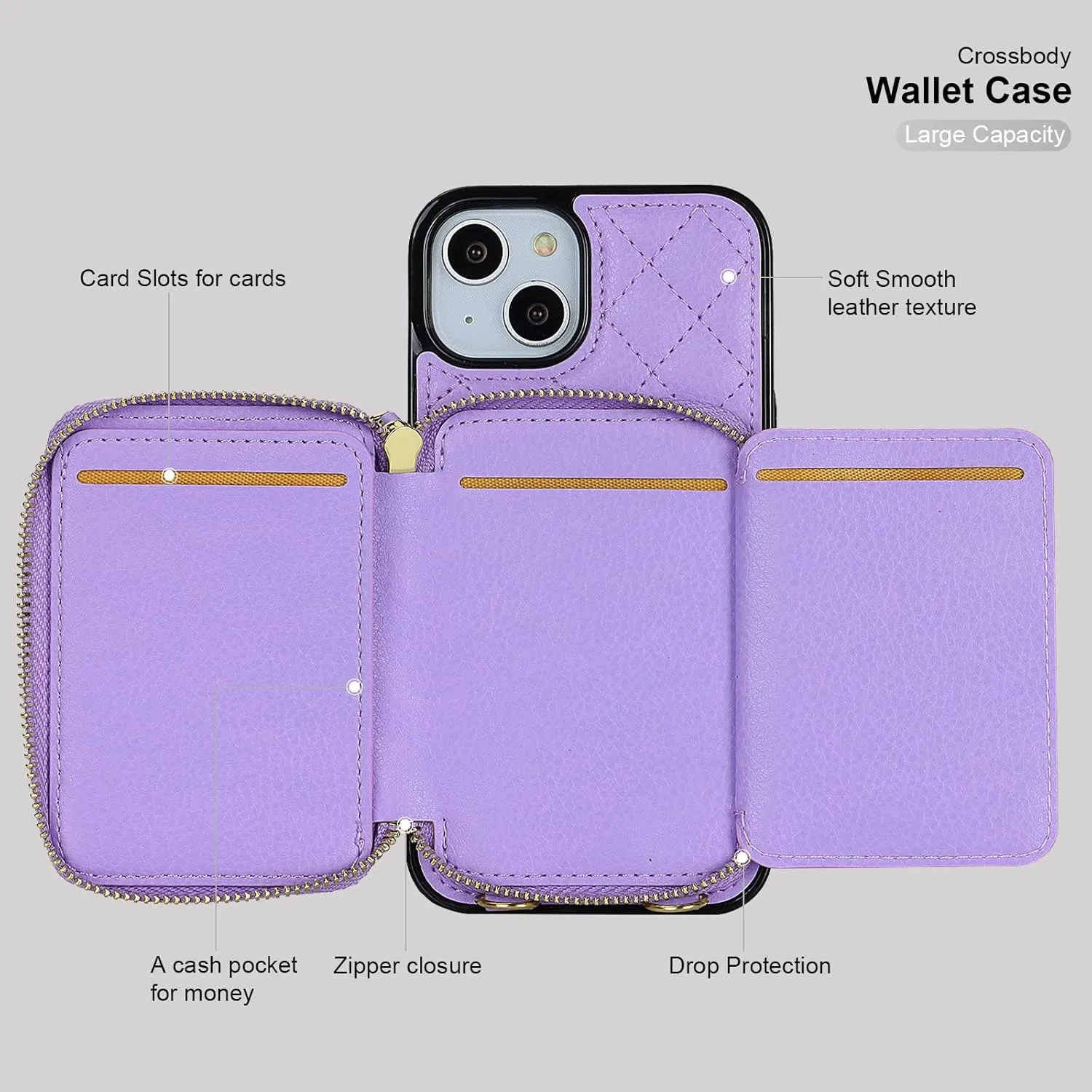Bocasal Crossbody Wallet Case for iPhone 13, RFID Blocking PU Leather Zipper Handbag Purse Flip Cover, Kickstand Folio Case with Card Slots Holder Wrist Strap Lanyard 5G 6.1 Inch (Purple)