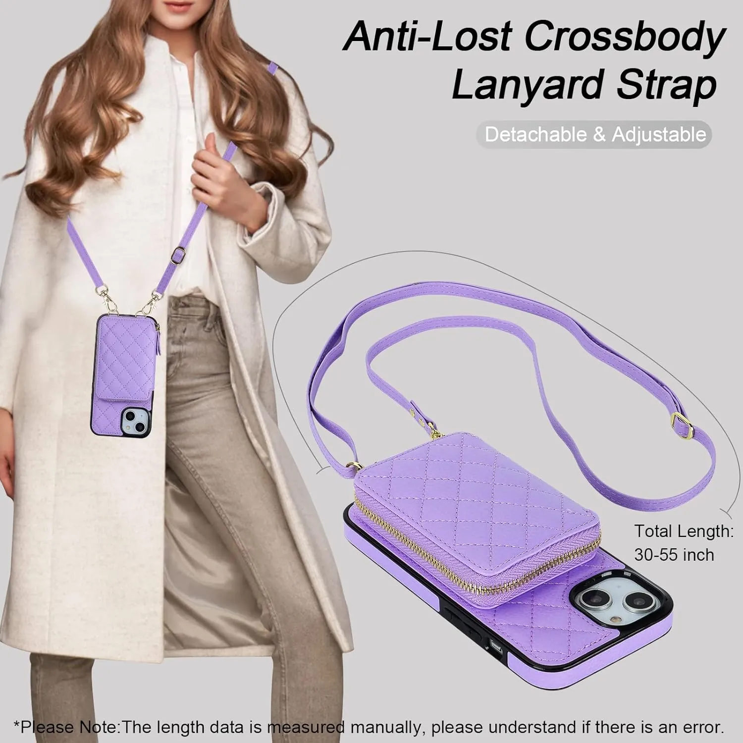 Bocasal Crossbody Wallet Case for iPhone 13, RFID Blocking PU Leather Zipper Handbag Purse Flip Cover, Kickstand Folio Case with Card Slots Holder Wrist Strap Lanyard 5G 6.1 Inch (Purple)