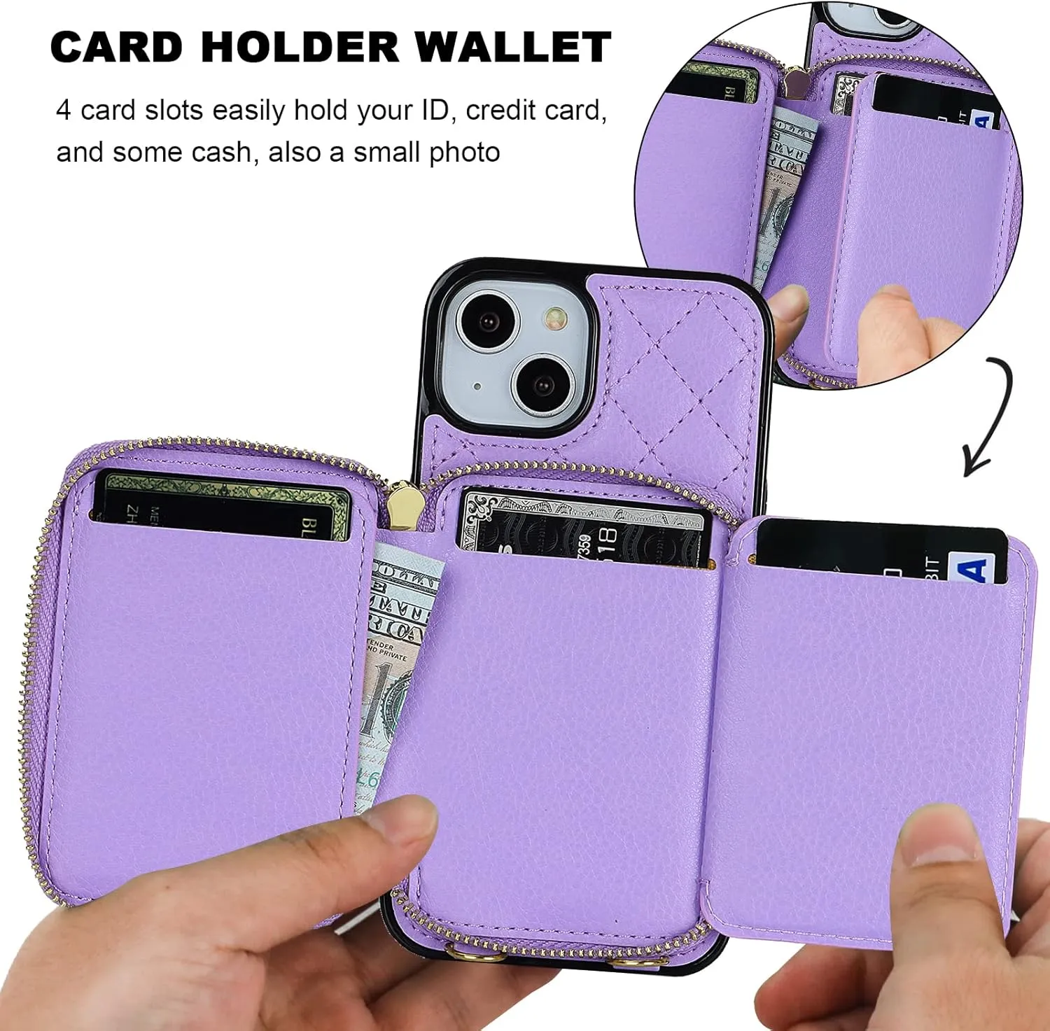 Bocasal Crossbody Wallet Case for iPhone 13, RFID Blocking PU Leather Zipper Handbag Purse Flip Cover, Kickstand Folio Case with Card Slots Holder Wrist Strap Lanyard 5G 6.1 Inch (Purple)