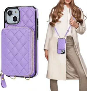 Bocasal Crossbody Wallet Case for iPhone 13, RFID Blocking PU Leather Zipper Handbag Purse Flip Cover, Kickstand Folio Case with Card Slots Holder Wrist Strap Lanyard 5G 6.1 Inch (Purple)