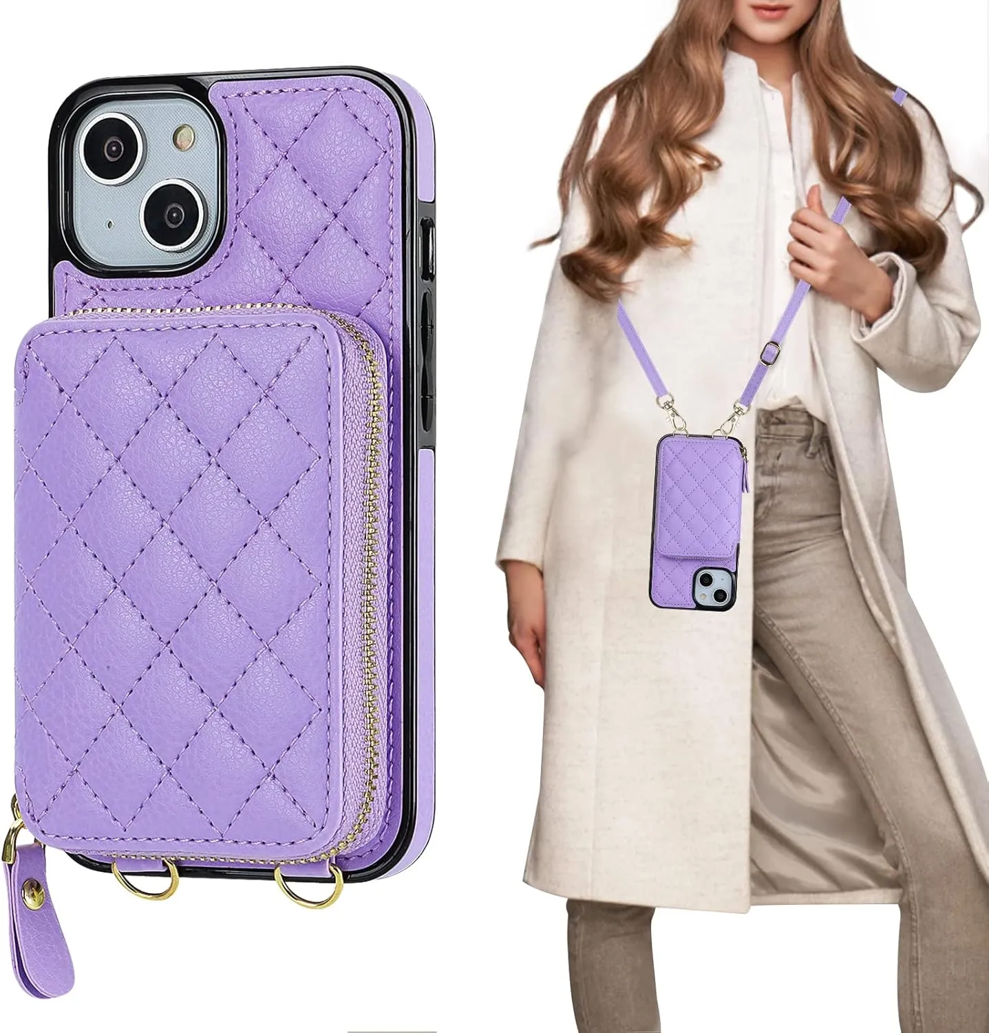 Bocasal Crossbody Wallet Case for iPhone 13, RFID Blocking PU Leather Zipper Handbag Purse Flip Cover, Kickstand Folio Case with Card Slots Holder Wrist Strap Lanyard 5G 6.1 Inch (Purple)