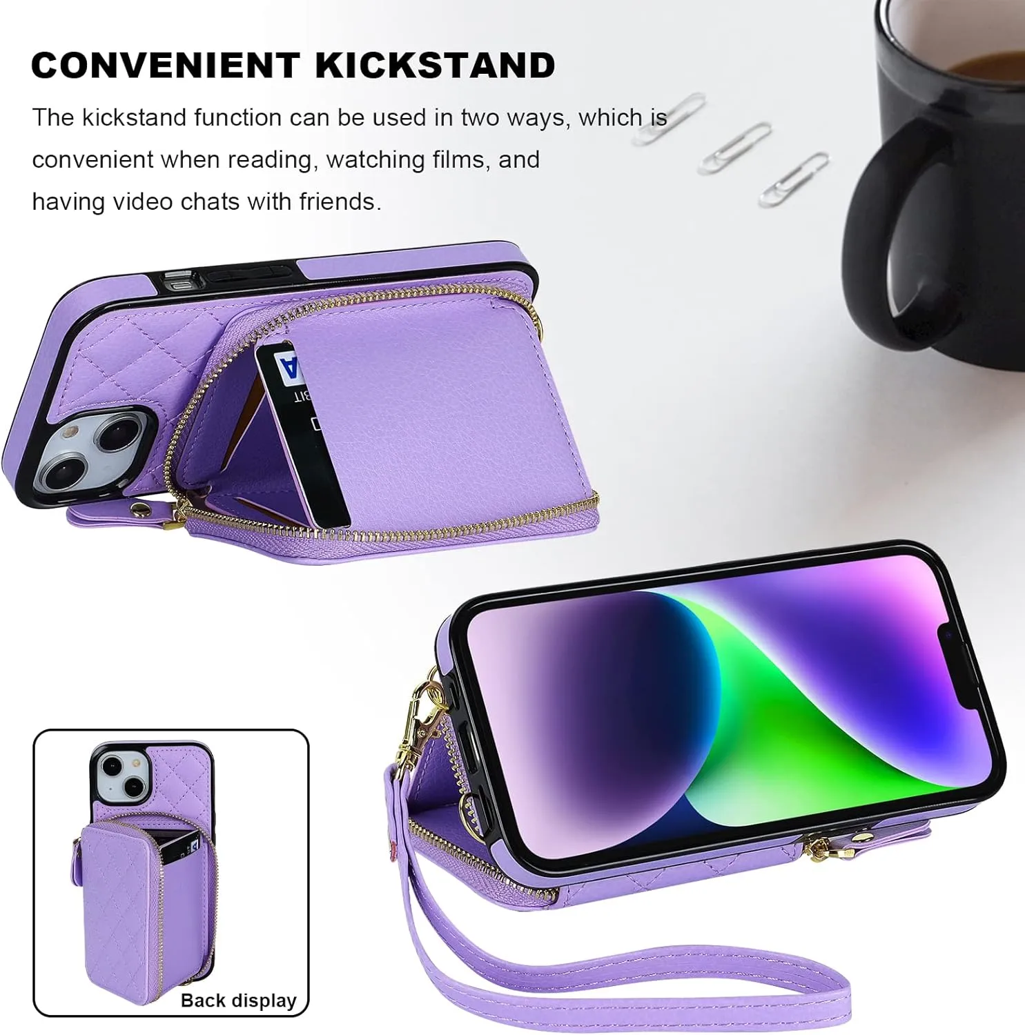 Bocasal Crossbody Wallet Case for iPhone 13, RFID Blocking PU Leather Zipper Handbag Purse Flip Cover, Kickstand Folio Case with Card Slots Holder Wrist Strap Lanyard 5G 6.1 Inch (Purple)