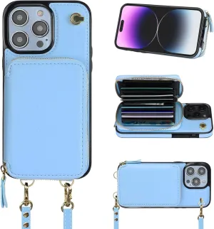 Bocasal Crossbody Wallet Case for iPhone 14 Pro Max, RFID Blocking Leather Purse Case with Card Holder, Protective Handbag Flip Cover with Zipper Wrist Strap Lanyard for Women 5G 6.7 Inch (Blue)