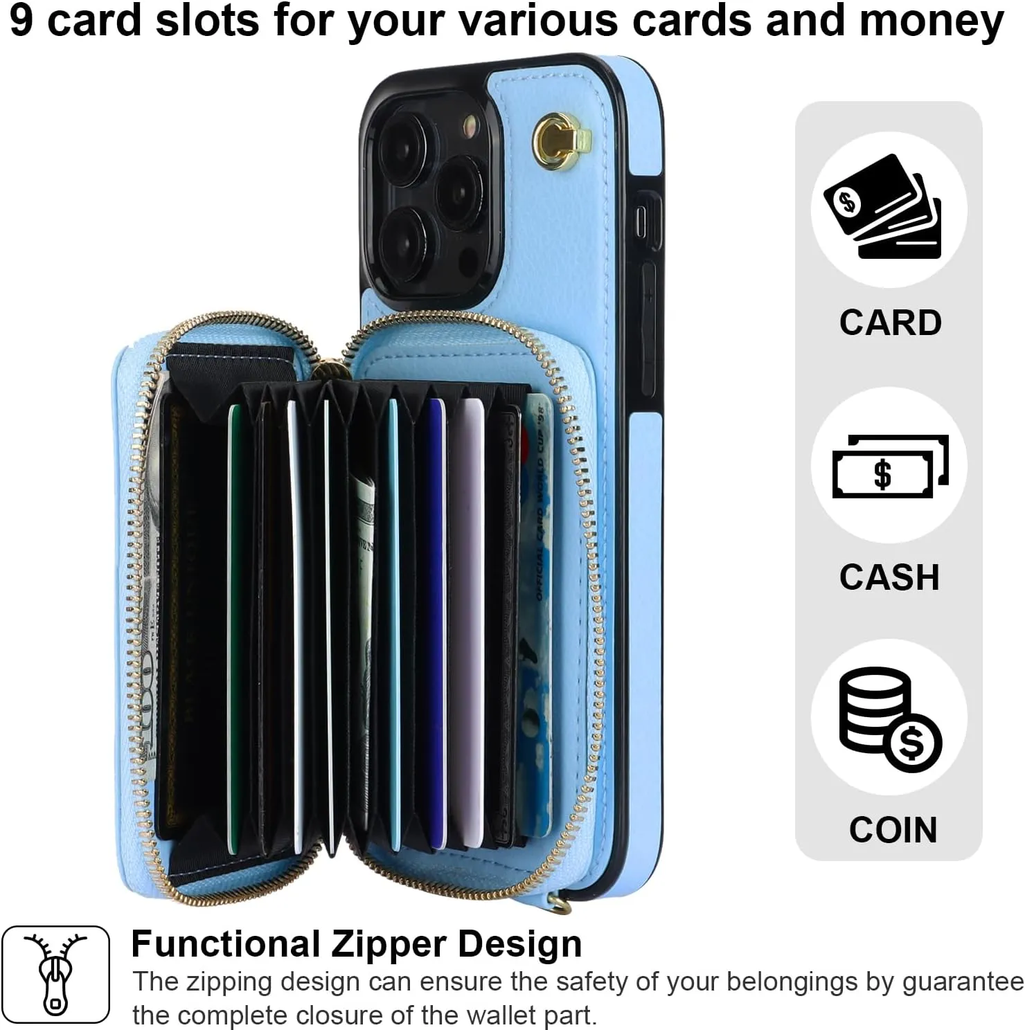 Bocasal Crossbody Wallet Case for iPhone 14 Pro Max, RFID Blocking Leather Purse Case with Card Holder, Protective Handbag Flip Cover with Zipper Wrist Strap Lanyard for Women 5G 6.7 Inch (Blue)