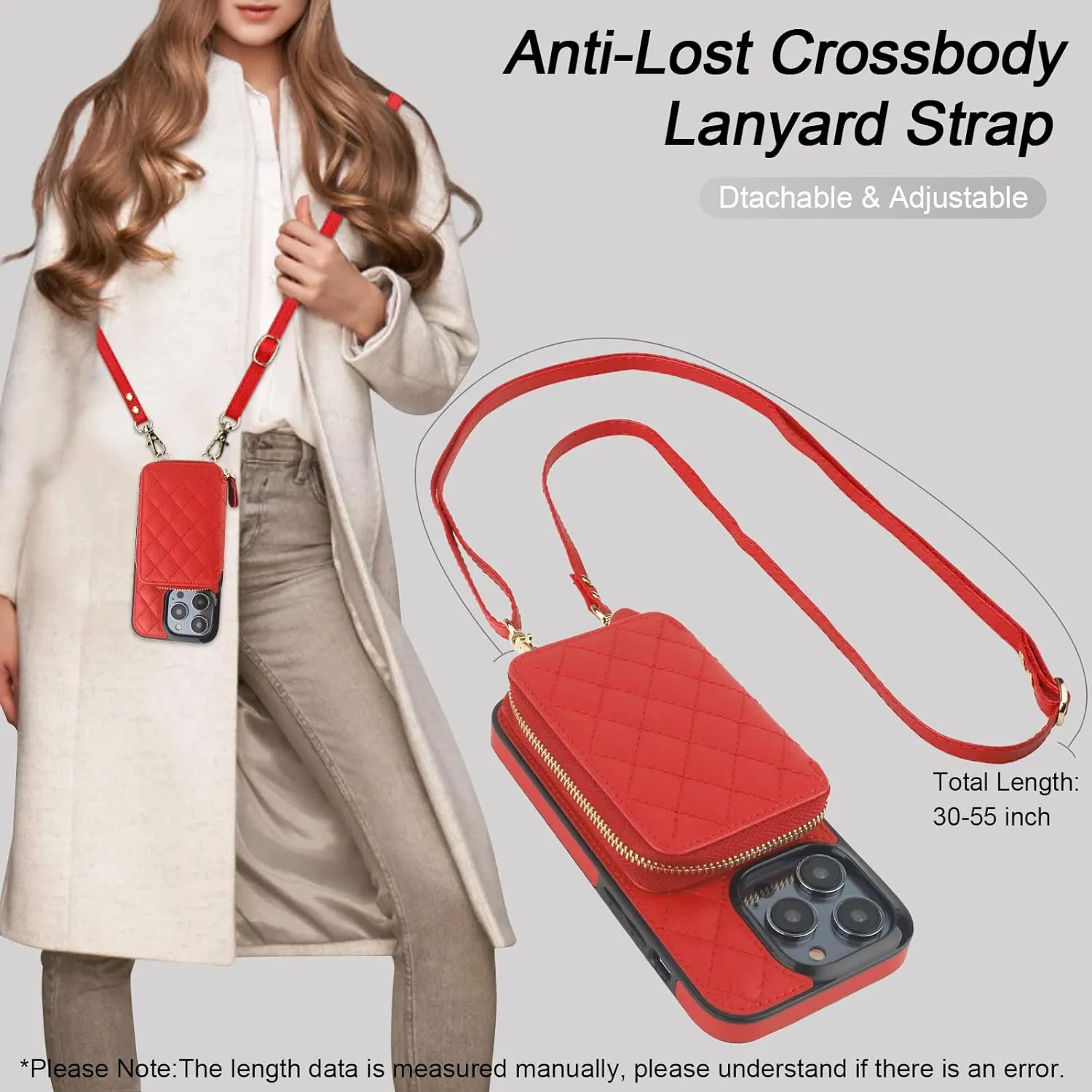 Bocasal Crossbody Wallet Case for iPhone 14 Pro, RFID Blocking PU Leather Zipper Handbag Purse Flip Cover, Kickstand Folio Case with Card Slots Holder Wrist Strap Lanyard 5G 6.1 Inch (Red)