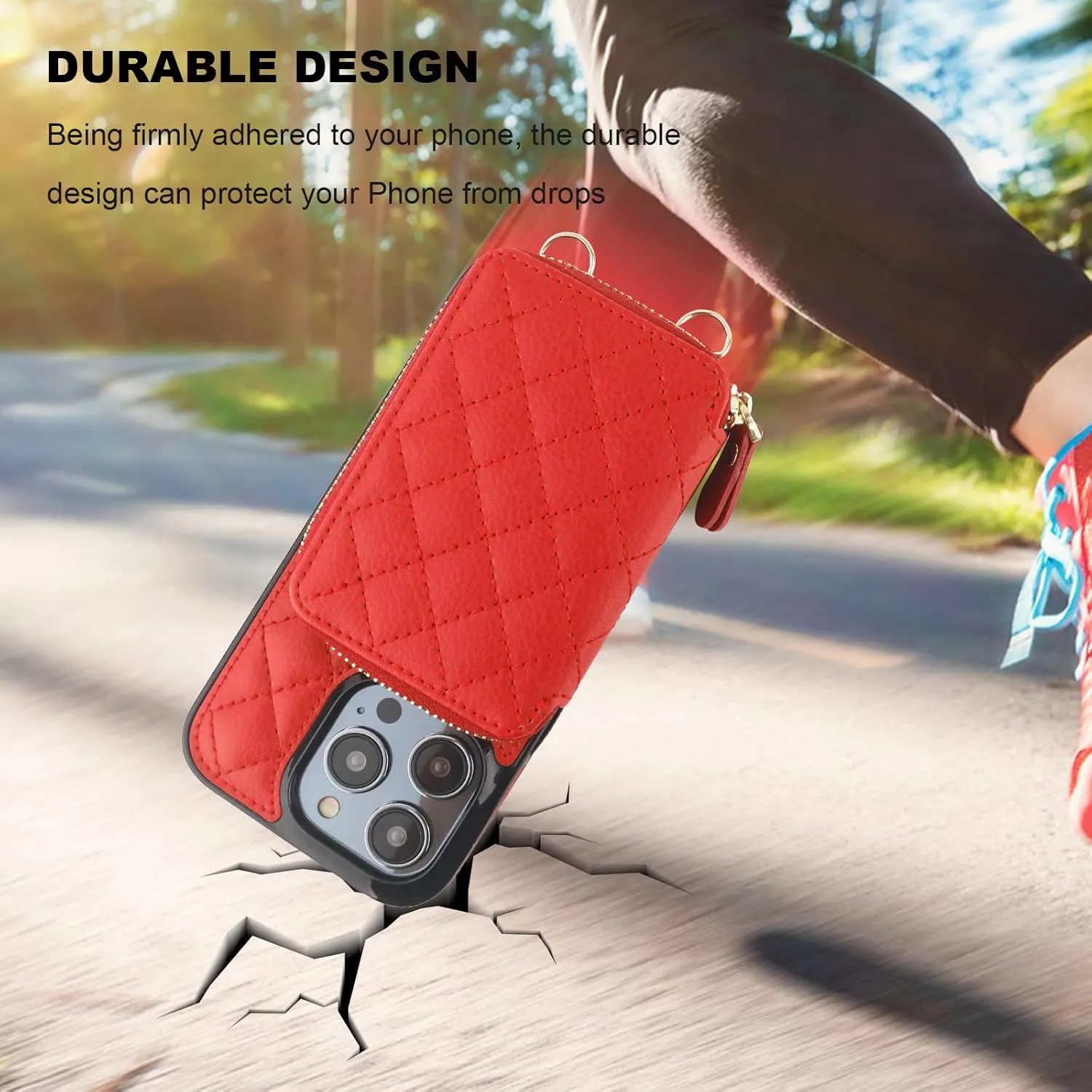 Bocasal Crossbody Wallet Case for iPhone 14 Pro, RFID Blocking PU Leather Zipper Handbag Purse Flip Cover, Kickstand Folio Case with Card Slots Holder Wrist Strap Lanyard 5G 6.1 Inch (Red)