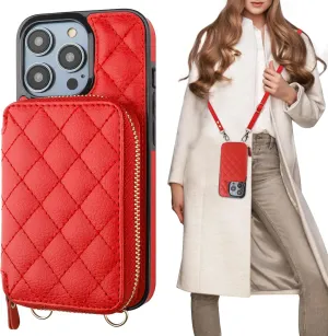 Bocasal Crossbody Wallet Case for iPhone 14 Pro, RFID Blocking PU Leather Zipper Handbag Purse Flip Cover, Kickstand Folio Case with Card Slots Holder Wrist Strap Lanyard 5G 6.1 Inch (Red)