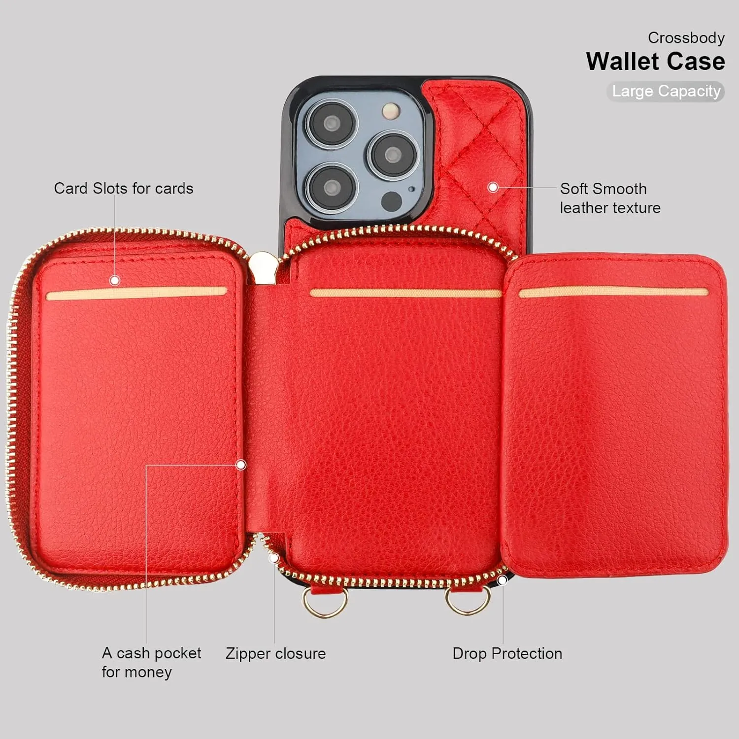 Bocasal Crossbody Wallet Case for iPhone 14 Pro, RFID Blocking PU Leather Zipper Handbag Purse Flip Cover, Kickstand Folio Case with Card Slots Holder Wrist Strap Lanyard 5G 6.1 Inch (Red)