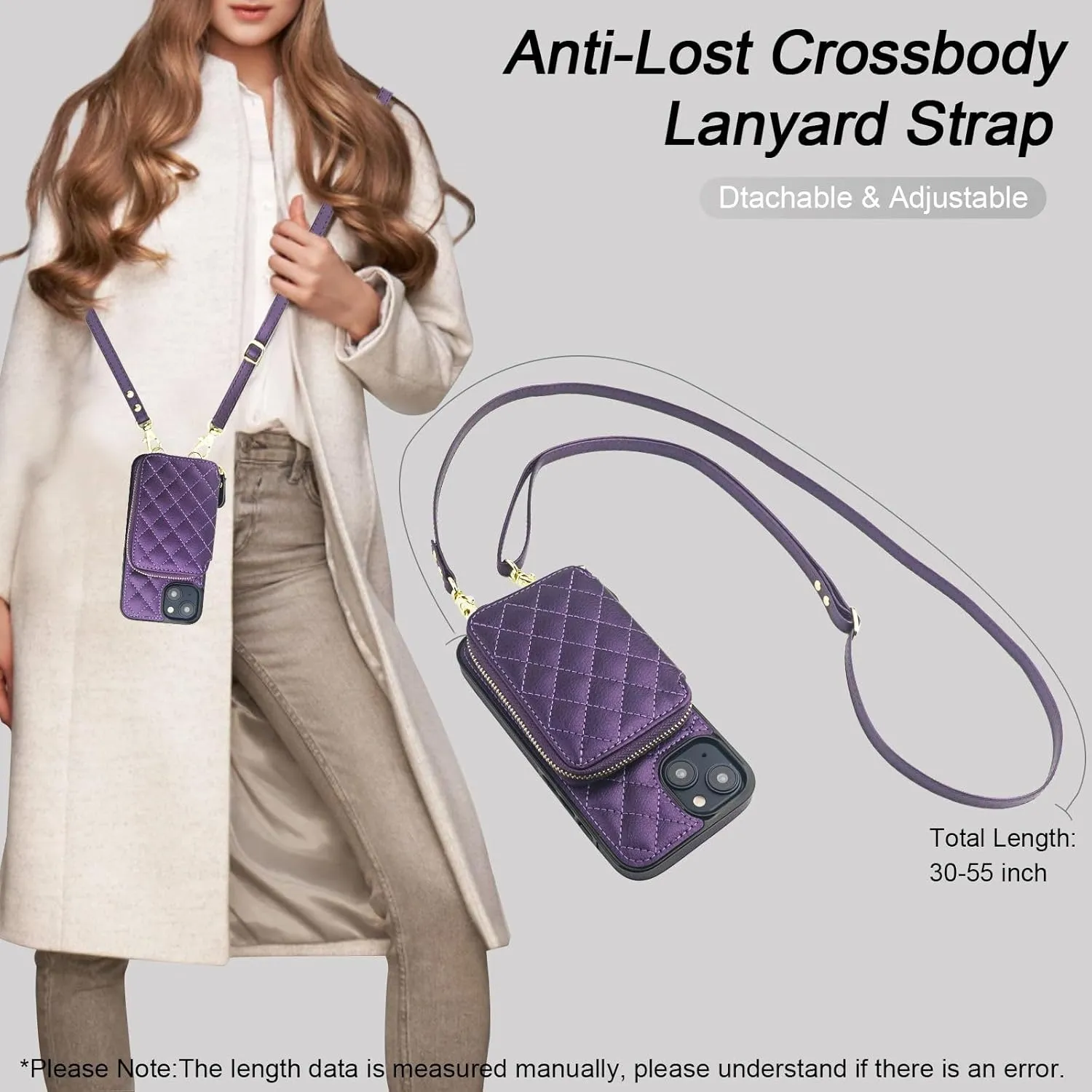 Bocasal Crossbody Wallet Case for iPhone 14, RFID Blocking PU Leather Zipper Handbag Purse Flip Cover, Kickstand Folio Case with Card Slots Holder Wrist Strap Lanyard 5G 6.1 Inch (Dark Purple)