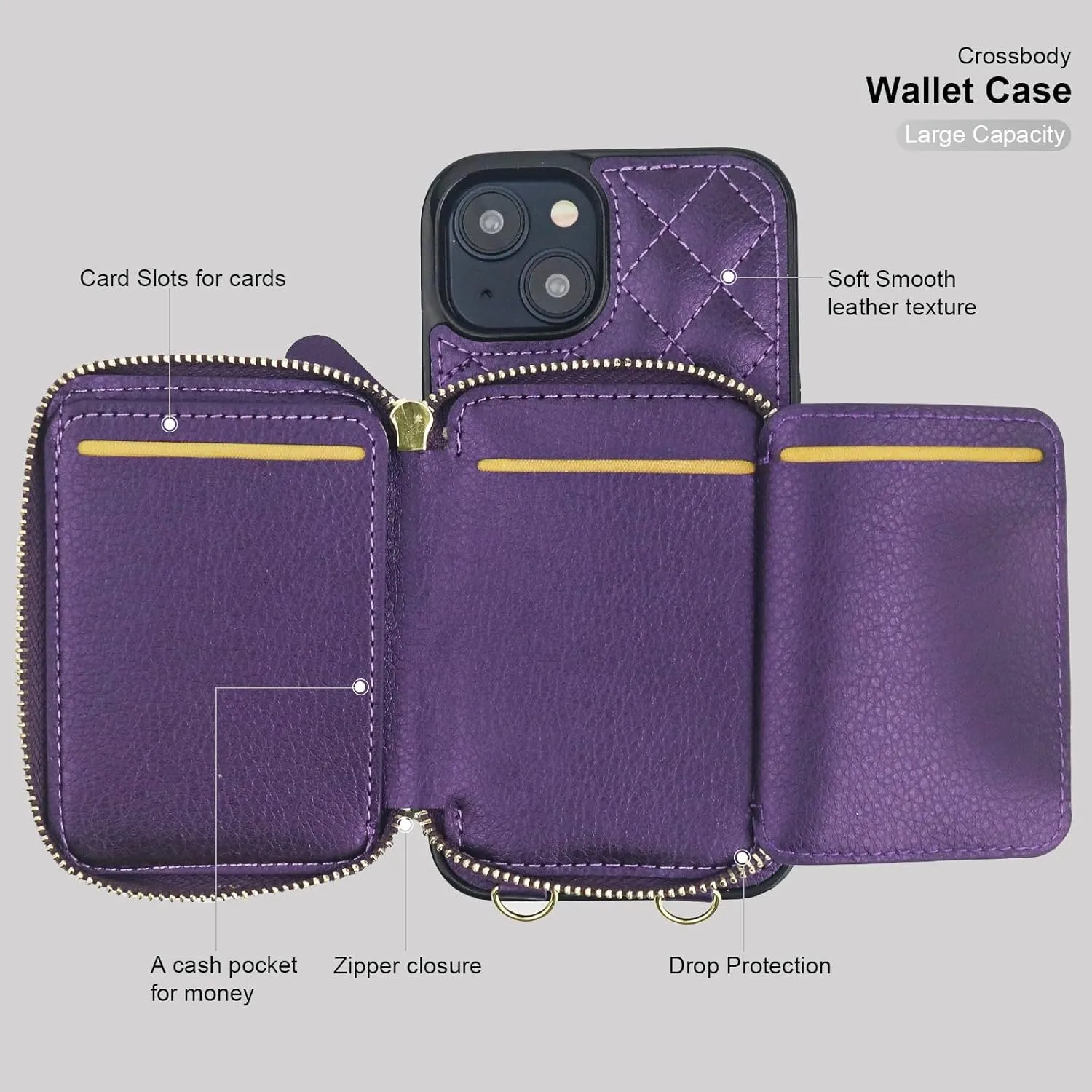 Bocasal Crossbody Wallet Case for iPhone 14, RFID Blocking PU Leather Zipper Handbag Purse Flip Cover, Kickstand Folio Case with Card Slots Holder Wrist Strap Lanyard 5G 6.1 Inch (Dark Purple)