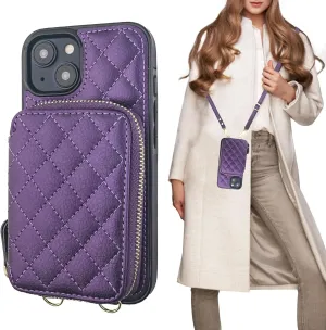 Bocasal Crossbody Wallet Case for iPhone 14, RFID Blocking PU Leather Zipper Handbag Purse Flip Cover, Kickstand Folio Case with Card Slots Holder Wrist Strap Lanyard 5G 6.1 Inch (Dark Purple)