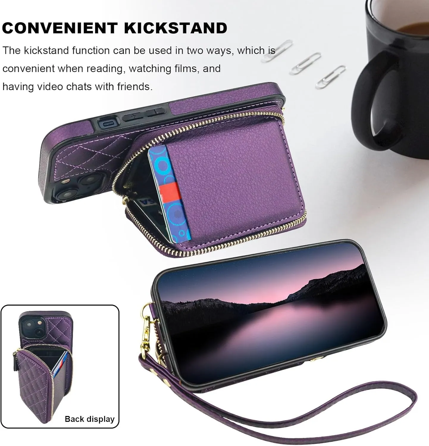 Bocasal Crossbody Wallet Case for iPhone 14, RFID Blocking PU Leather Zipper Handbag Purse Flip Cover, Kickstand Folio Case with Card Slots Holder Wrist Strap Lanyard 5G 6.1 Inch (Dark Purple)