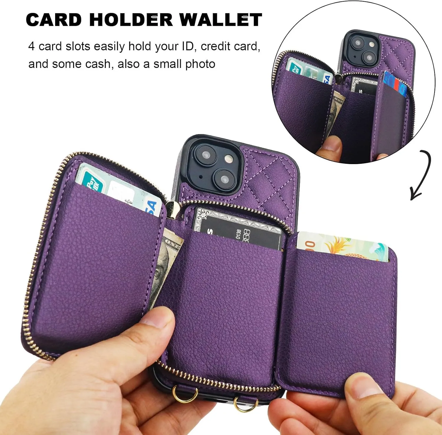 Bocasal Crossbody Wallet Case for iPhone 14, RFID Blocking PU Leather Zipper Handbag Purse Flip Cover, Kickstand Folio Case with Card Slots Holder Wrist Strap Lanyard 5G 6.1 Inch (Dark Purple)