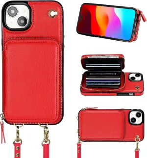 Bocasal Crossbody Wallet Case for iPhone 15 Plus, RFID Blocking Leather Purse Case with Card Holder, Protective Handbag Flip Cover with Zipper Wrist Strap Lanyard for Women 5G 6.7 Inch (Red)