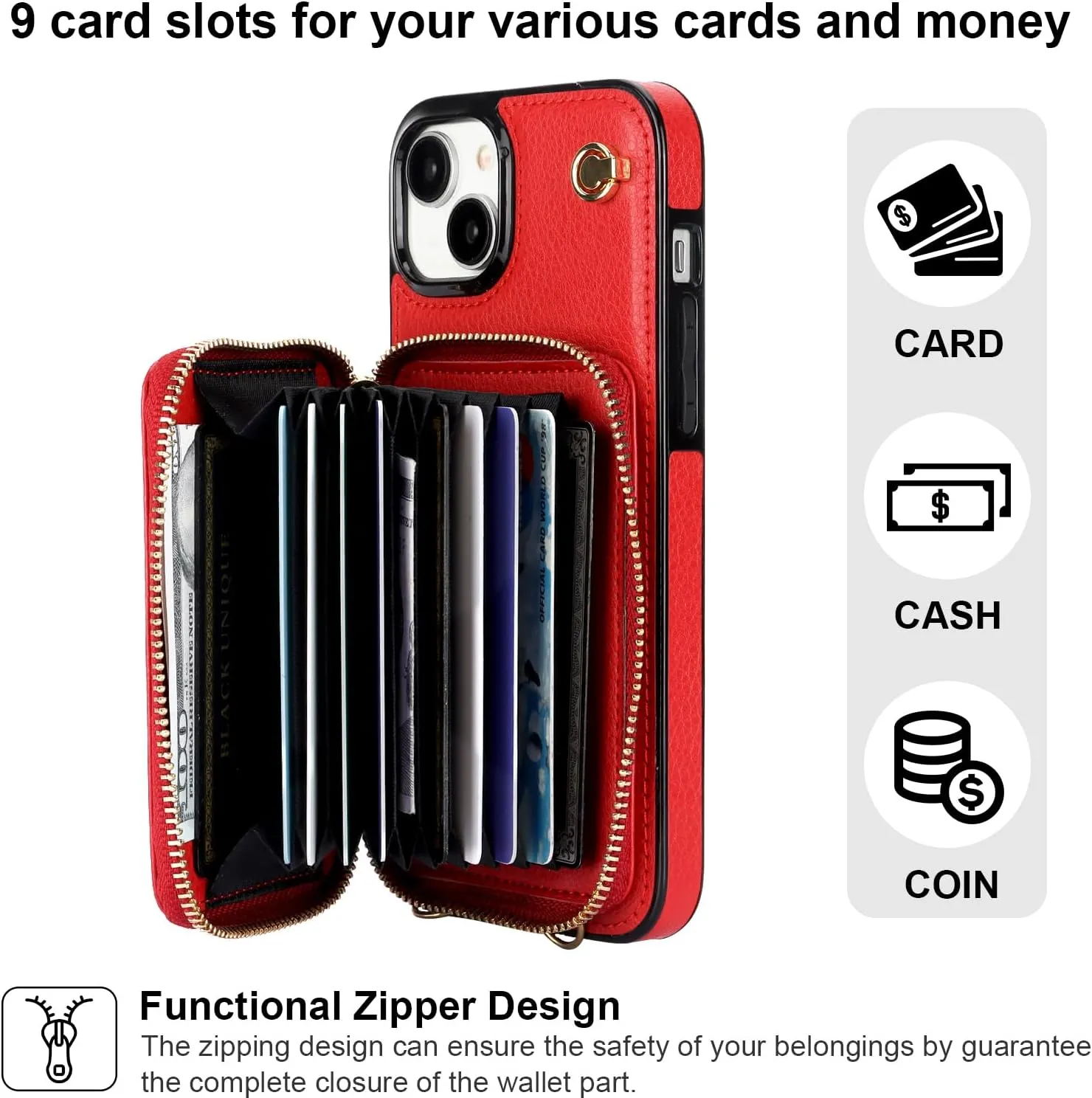 Bocasal Crossbody Wallet Case for iPhone 15 Plus, RFID Blocking Leather Purse Case with Card Holder, Protective Handbag Flip Cover with Zipper Wrist Strap Lanyard for Women 5G 6.7 Inch (Red)