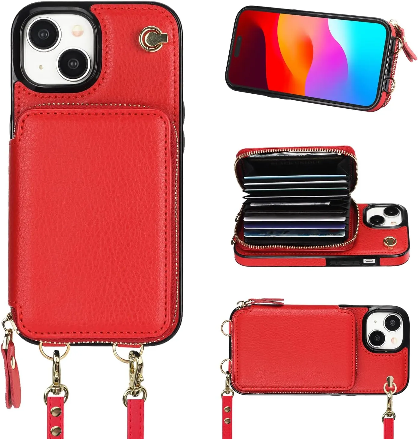 Bocasal Crossbody Wallet Case for iPhone 15, RFID Blocking Leather Purse Case with Card Holder, Protective Handbag Flip Cover with Zipper Wrist Strap Lanyard for Women 5G 6.1 Inch (Red)