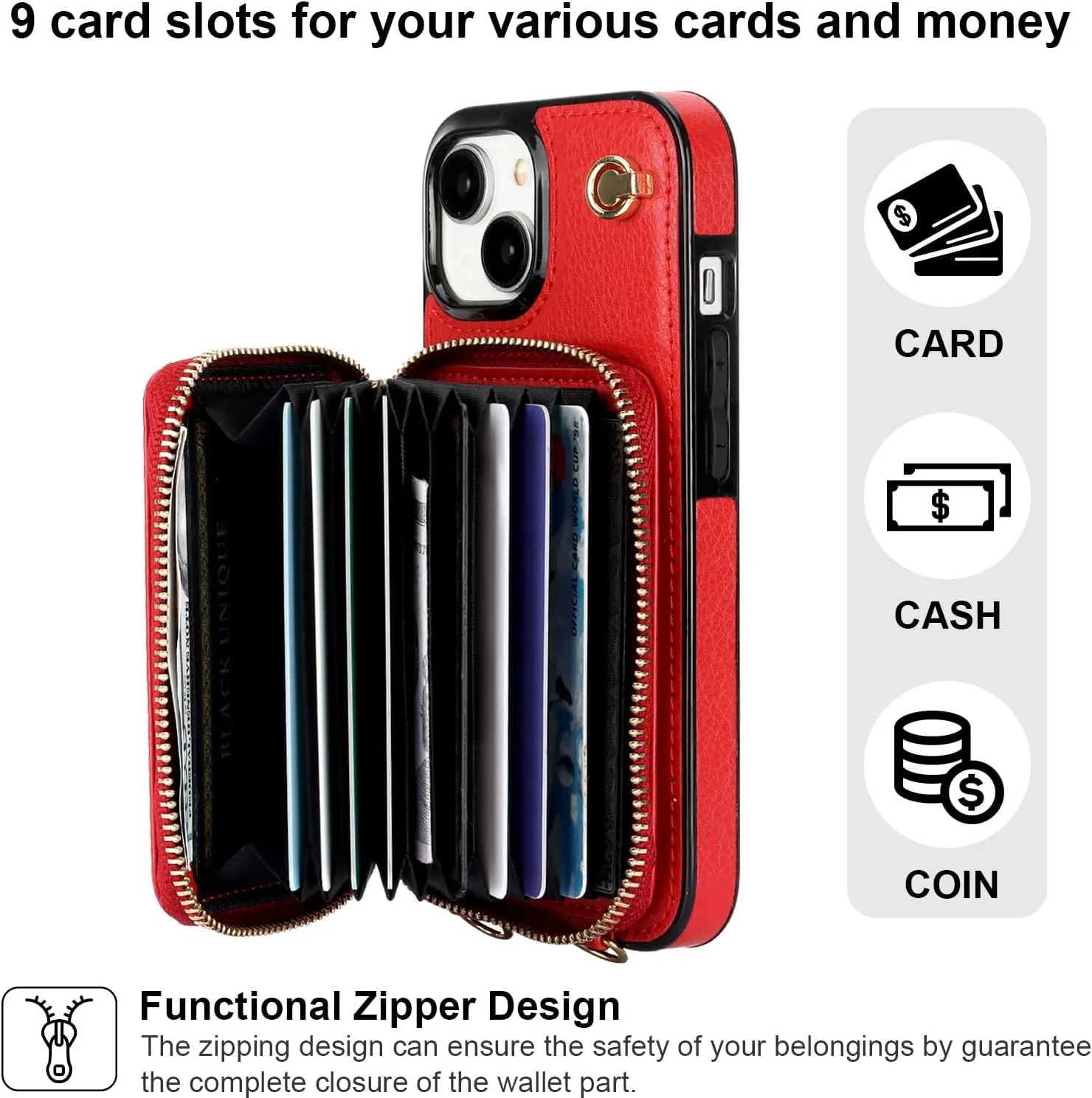 Bocasal Crossbody Wallet Case for iPhone 15, RFID Blocking Leather Purse Case with Card Holder, Protective Handbag Flip Cover with Zipper Wrist Strap Lanyard for Women 5G 6.1 Inch (Red)
