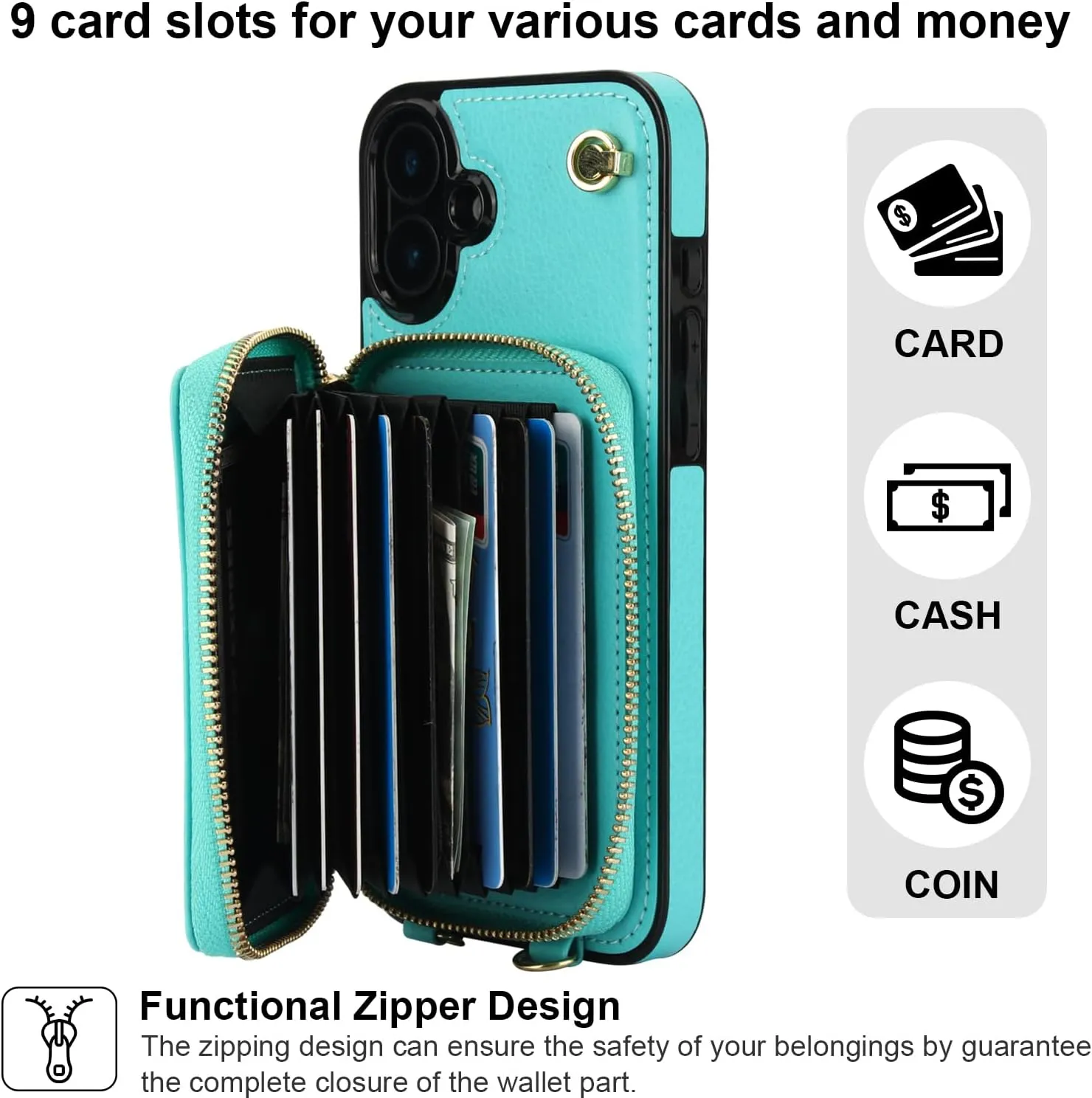 Bocasal Crossbody Wallet Case for iPhone 16 Plus, RFID Blocking Leather Purse Case with Card Holder, Protective Handbag Flip Cover with Zipper Wrist Strap Lanyard for Women 5G 6.7 Inch (Mint Green)