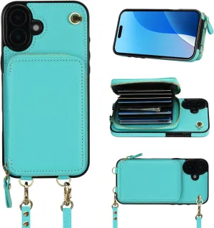 Bocasal Crossbody Wallet Case for iPhone 16 Plus, RFID Blocking Leather Purse Case with Card Holder, Protective Handbag Flip Cover with Zipper Wrist Strap Lanyard for Women 5G 6.7 Inch (Mint Green)