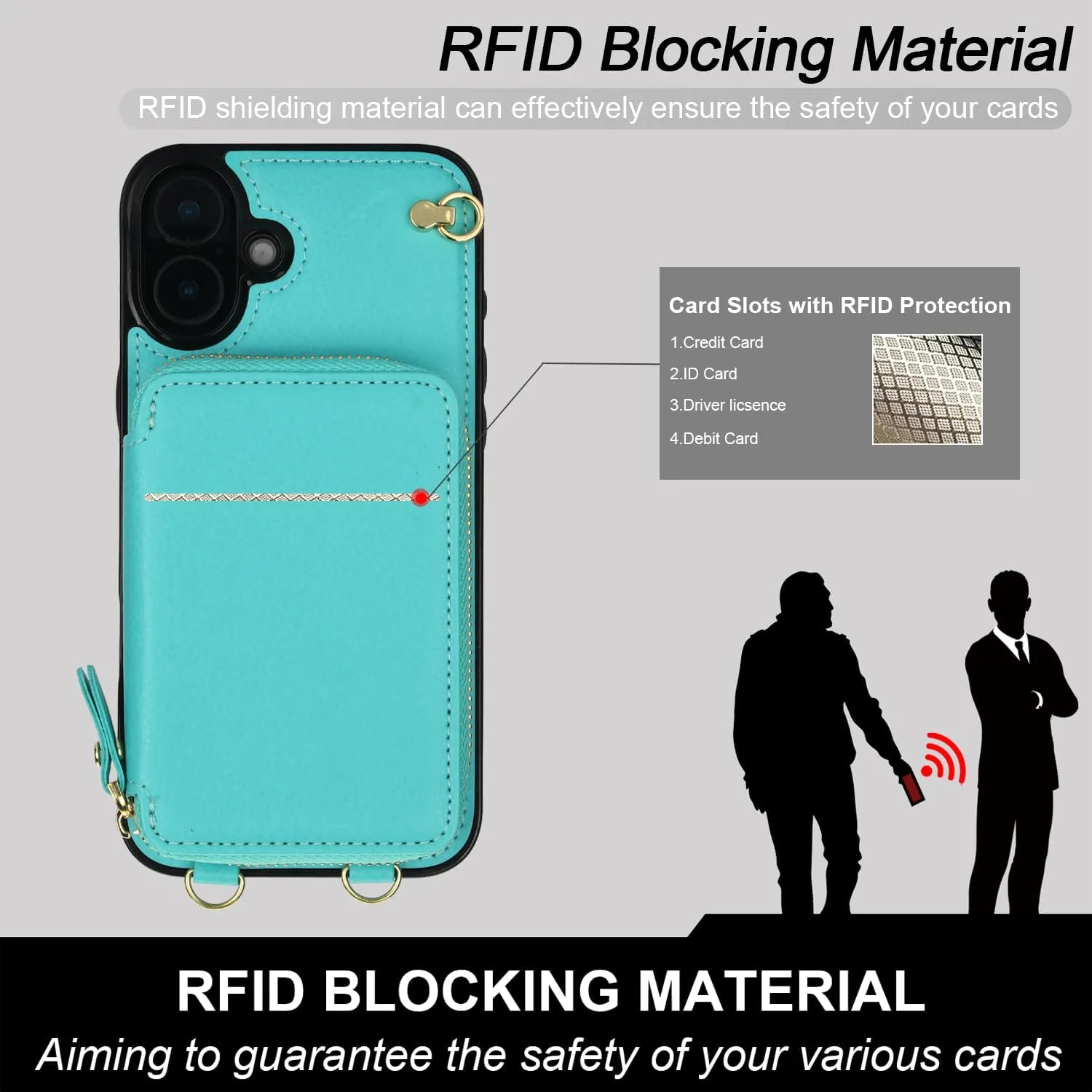 Bocasal Crossbody Wallet Case for iPhone 16 Plus, RFID Blocking Leather Purse Case with Card Holder, Protective Handbag Flip Cover with Zipper Wrist Strap Lanyard for Women 5G 6.7 Inch (Mint Green)