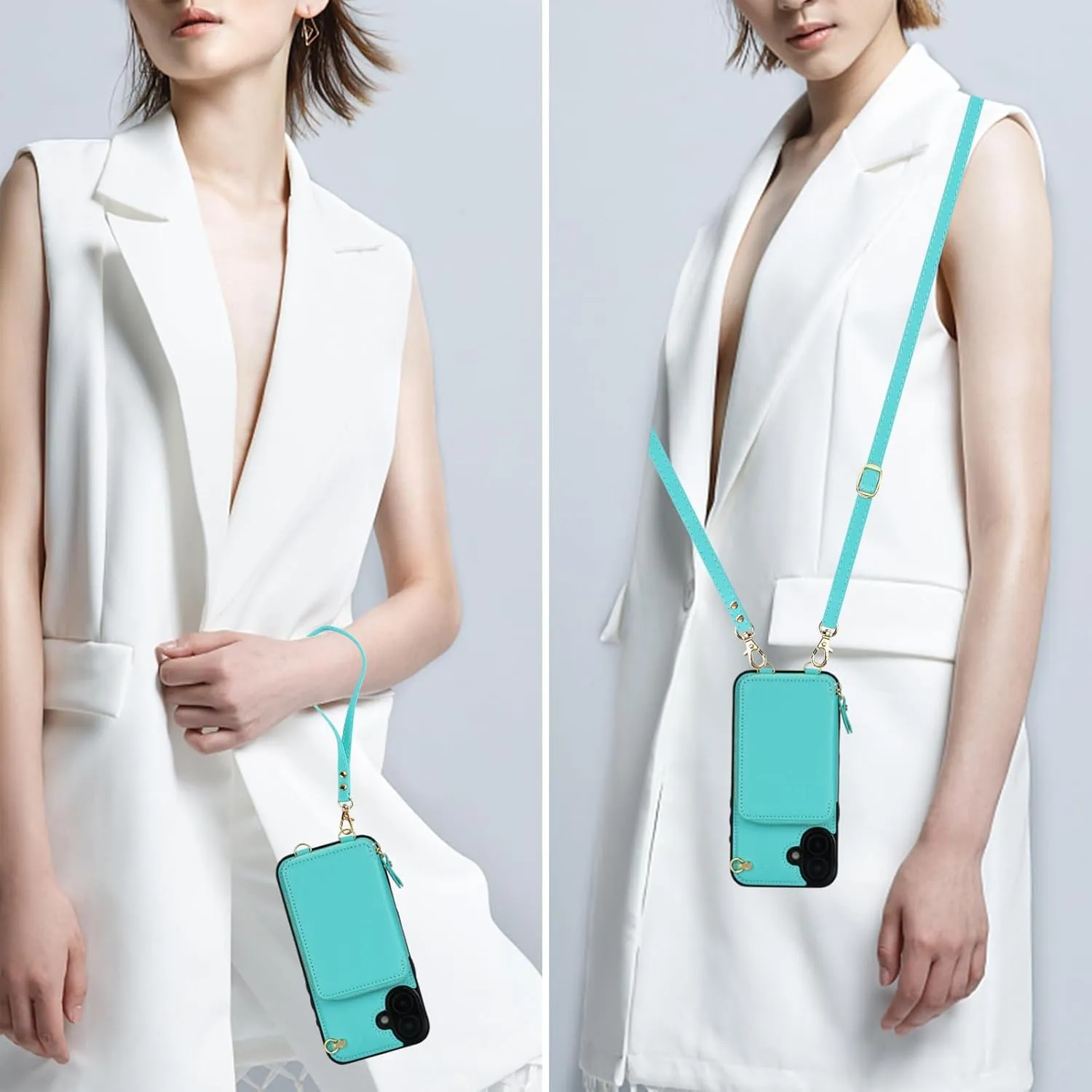 Bocasal Crossbody Wallet Case for iPhone 16 Plus, RFID Blocking Leather Purse Case with Card Holder, Protective Handbag Flip Cover with Zipper Wrist Strap Lanyard for Women 5G 6.7 Inch (Mint Green)