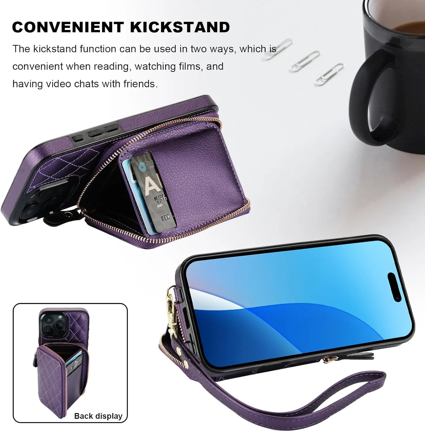 Bocasal Crossbody Wallet Case for iPhone 16 Pro Max, RFID Blocking PU Leather Zipper Handbag Purse Flip Cover, Kickstand Folio Case with Card Slots Holder Wrist Strap Lanyard 5G 6.9 Inch (Dark Purple)