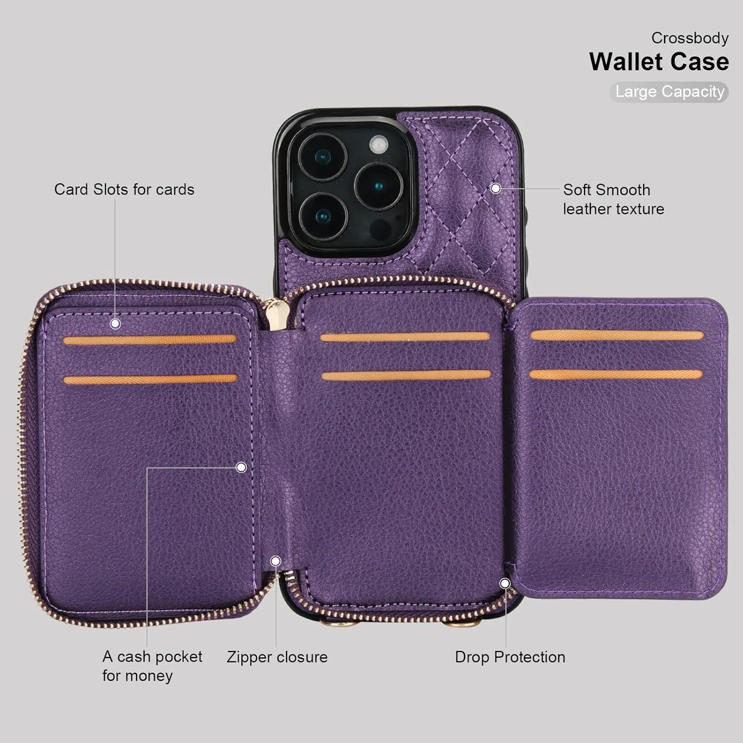 Bocasal Crossbody Wallet Case for iPhone 16 Pro Max, RFID Blocking PU Leather Zipper Handbag Purse Flip Cover, Kickstand Folio Case with Card Slots Holder Wrist Strap Lanyard 5G 6.9 Inch (Dark Purple)