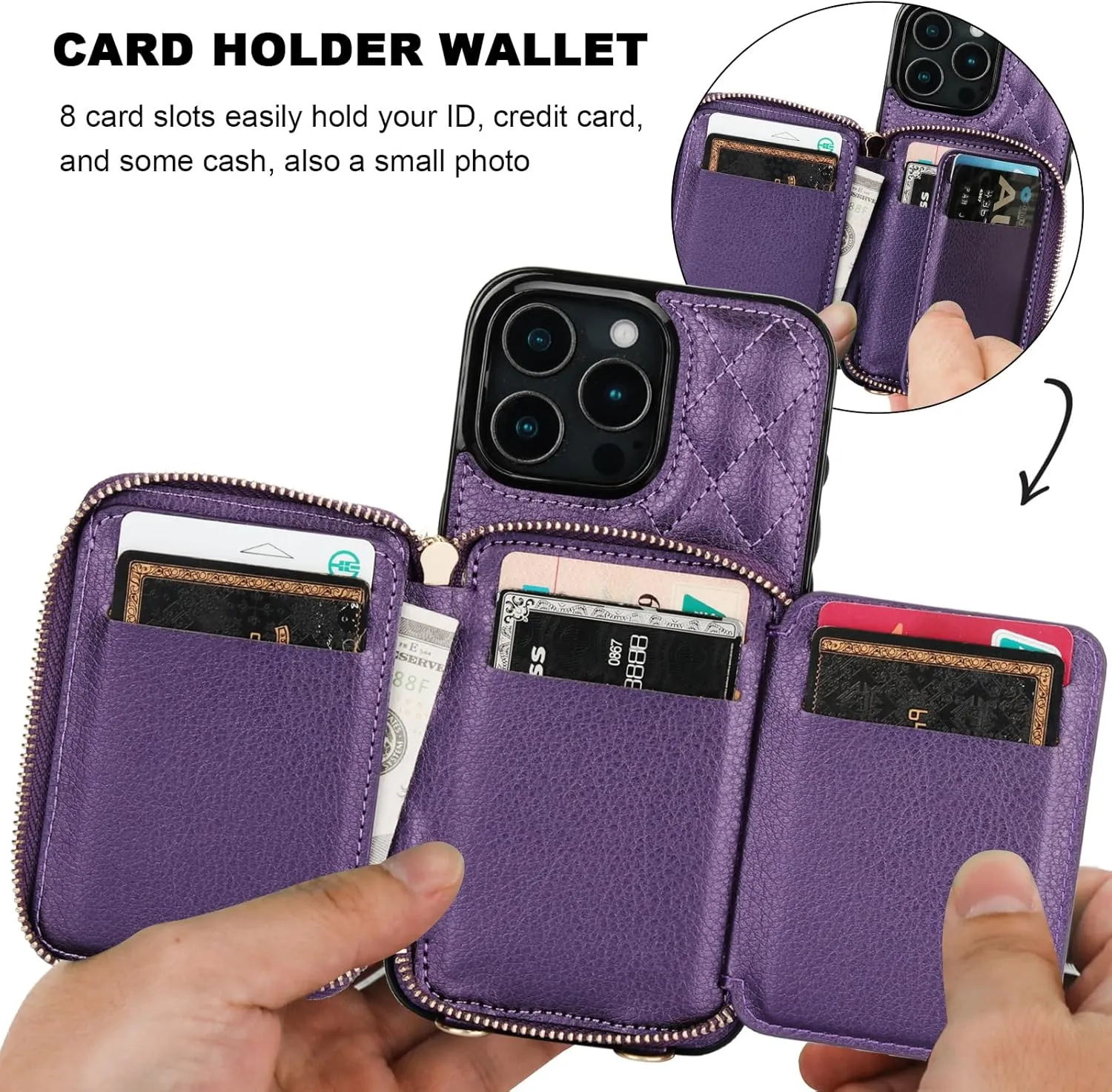 Bocasal Crossbody Wallet Case for iPhone 16 Pro Max, RFID Blocking PU Leather Zipper Handbag Purse Flip Cover, Kickstand Folio Case with Card Slots Holder Wrist Strap Lanyard 5G 6.9 Inch (Dark Purple)