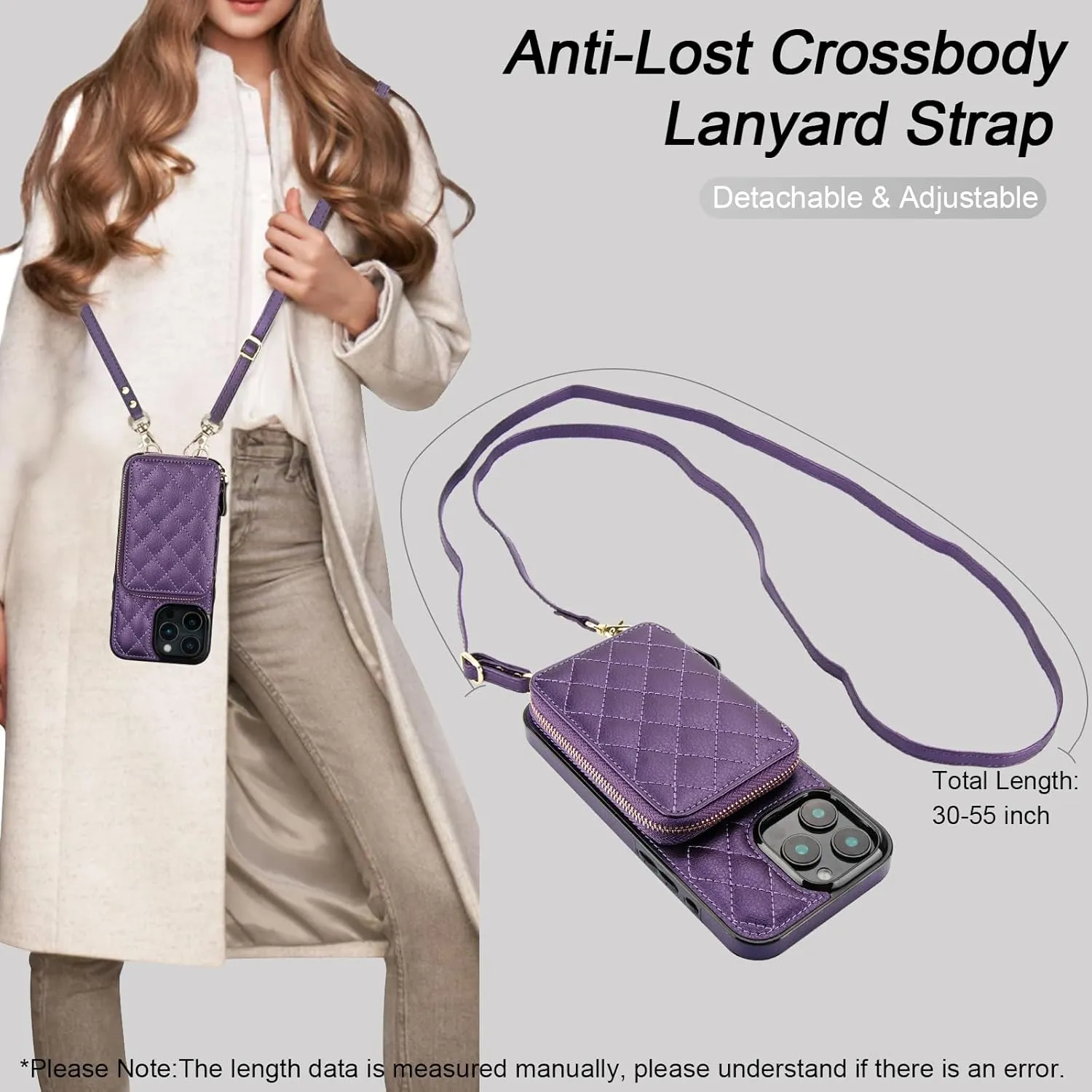 Bocasal Crossbody Wallet Case for iPhone 16 Pro Max, RFID Blocking PU Leather Zipper Handbag Purse Flip Cover, Kickstand Folio Case with Card Slots Holder Wrist Strap Lanyard 5G 6.9 Inch (Dark Purple)