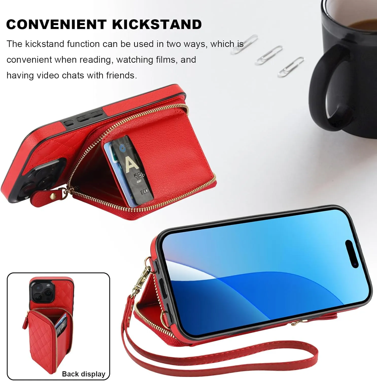 Bocasal Crossbody Wallet Case for iPhone 16 Pro Max, RFID Blocking PU Leather Zipper Handbag Purse Flip Cover, Kickstand Folio Case with Card Slots Holder Wrist Strap Lanyard 5G 6.9 Inch (Red)