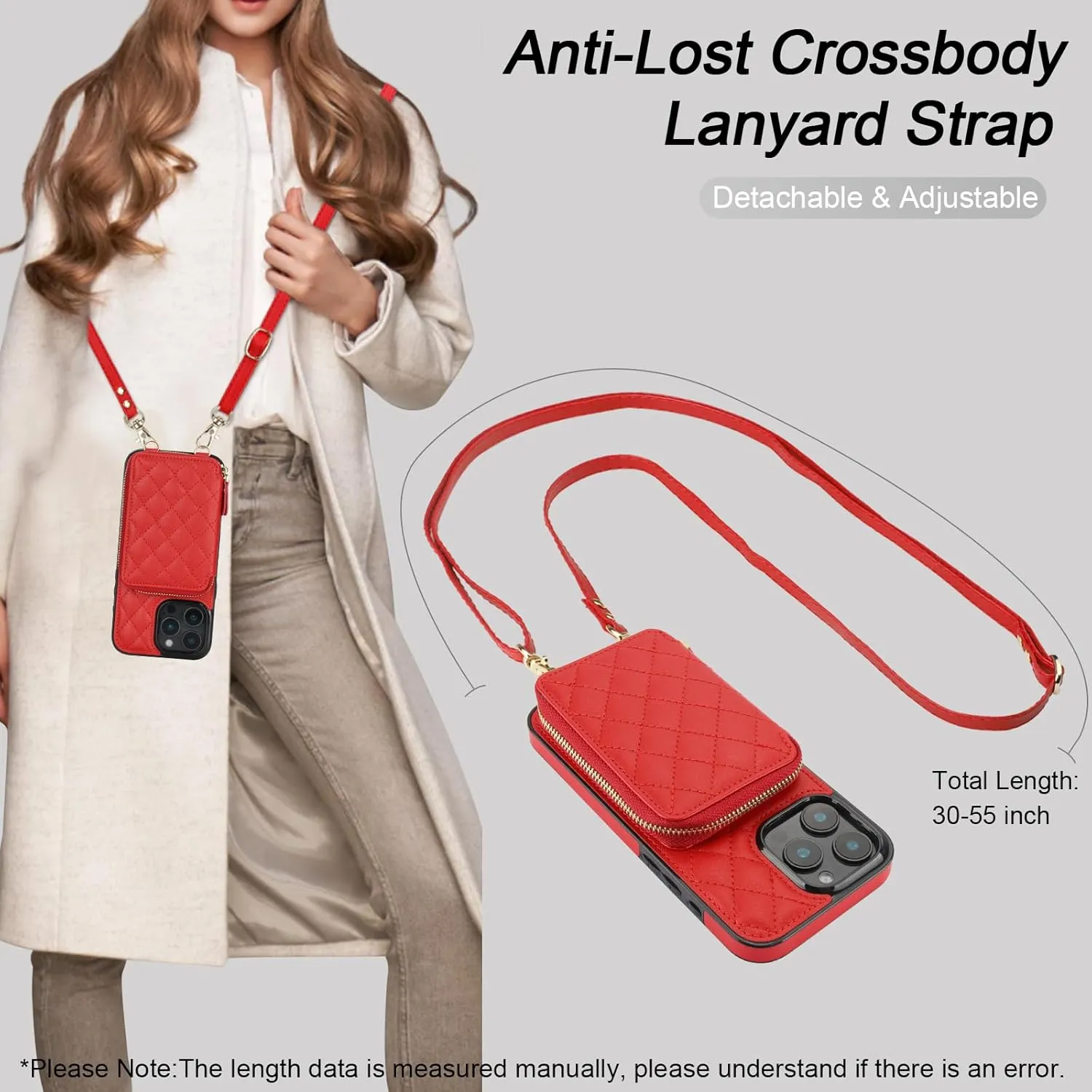 Bocasal Crossbody Wallet Case for iPhone 16 Pro Max, RFID Blocking PU Leather Zipper Handbag Purse Flip Cover, Kickstand Folio Case with Card Slots Holder Wrist Strap Lanyard 5G 6.9 Inch (Red)