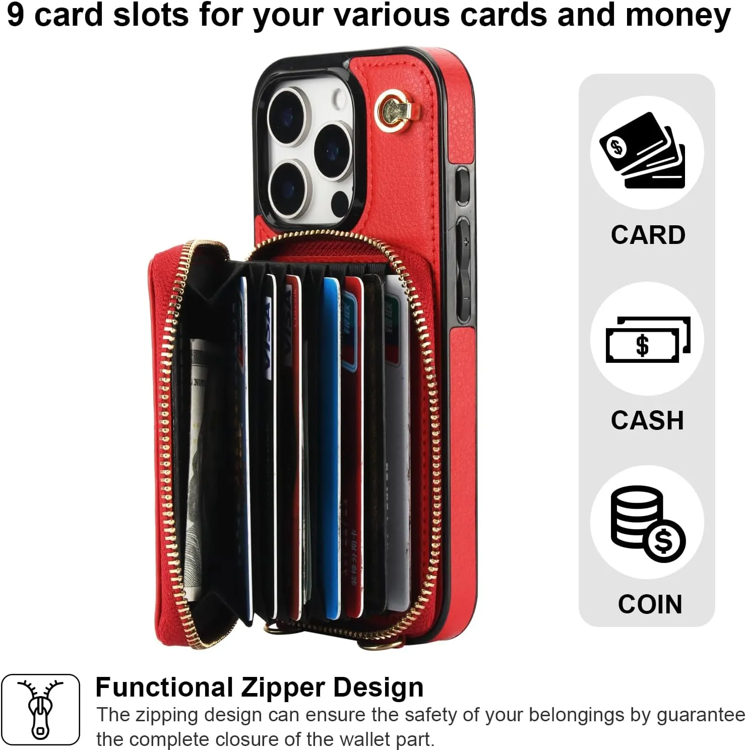Bocasal Crossbody Wallet Case for iPhone 16 Pro, RFID Blocking Leather Purse Case with Card Holder, Protective Handbag Flip Cover with Zipper Wrist Strap Lanyard for Women 5G 6.3 Inch (Red)