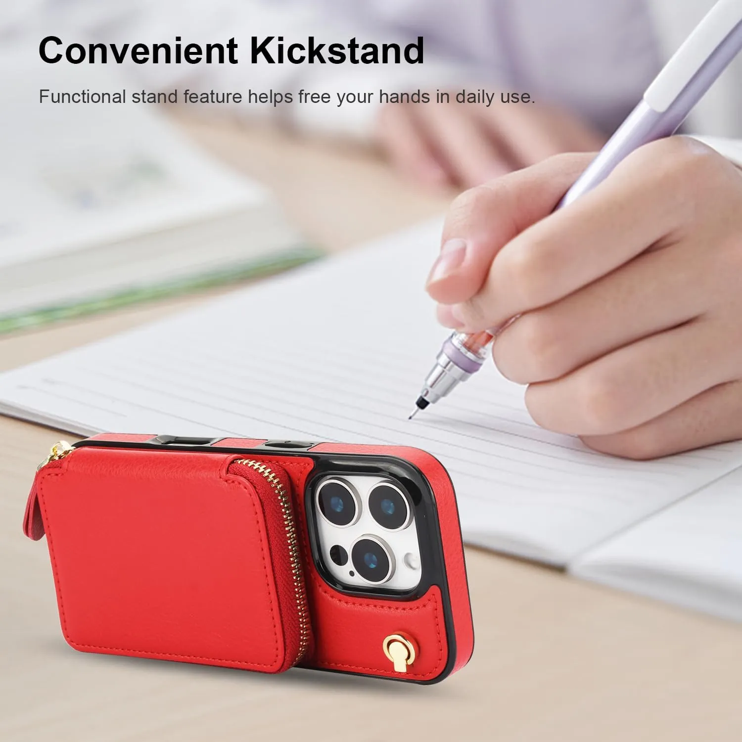 Bocasal Crossbody Wallet Case for iPhone 16 Pro, RFID Blocking Leather Purse Case with Card Holder, Protective Handbag Flip Cover with Zipper Wrist Strap Lanyard for Women 5G 6.3 Inch (Red)