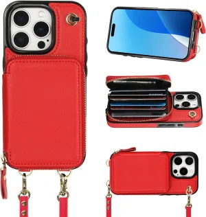 Bocasal Crossbody Wallet Case for iPhone 16 Pro, RFID Blocking Leather Purse Case with Card Holder, Protective Handbag Flip Cover with Zipper Wrist Strap Lanyard for Women 5G 6.3 Inch (Red)