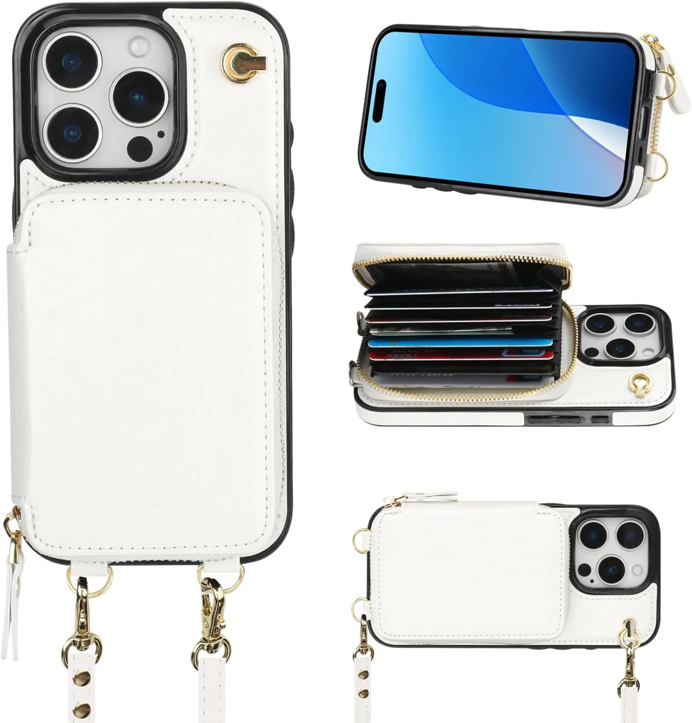 Bocasal Crossbody Wallet Case for iPhone 16 Pro, RFID Blocking Leather Purse Case with Card Holder, Protective Handbag Flip Cover with Zipper Wrist Strap Lanyard for Women 5G 6.3 Inch (White)